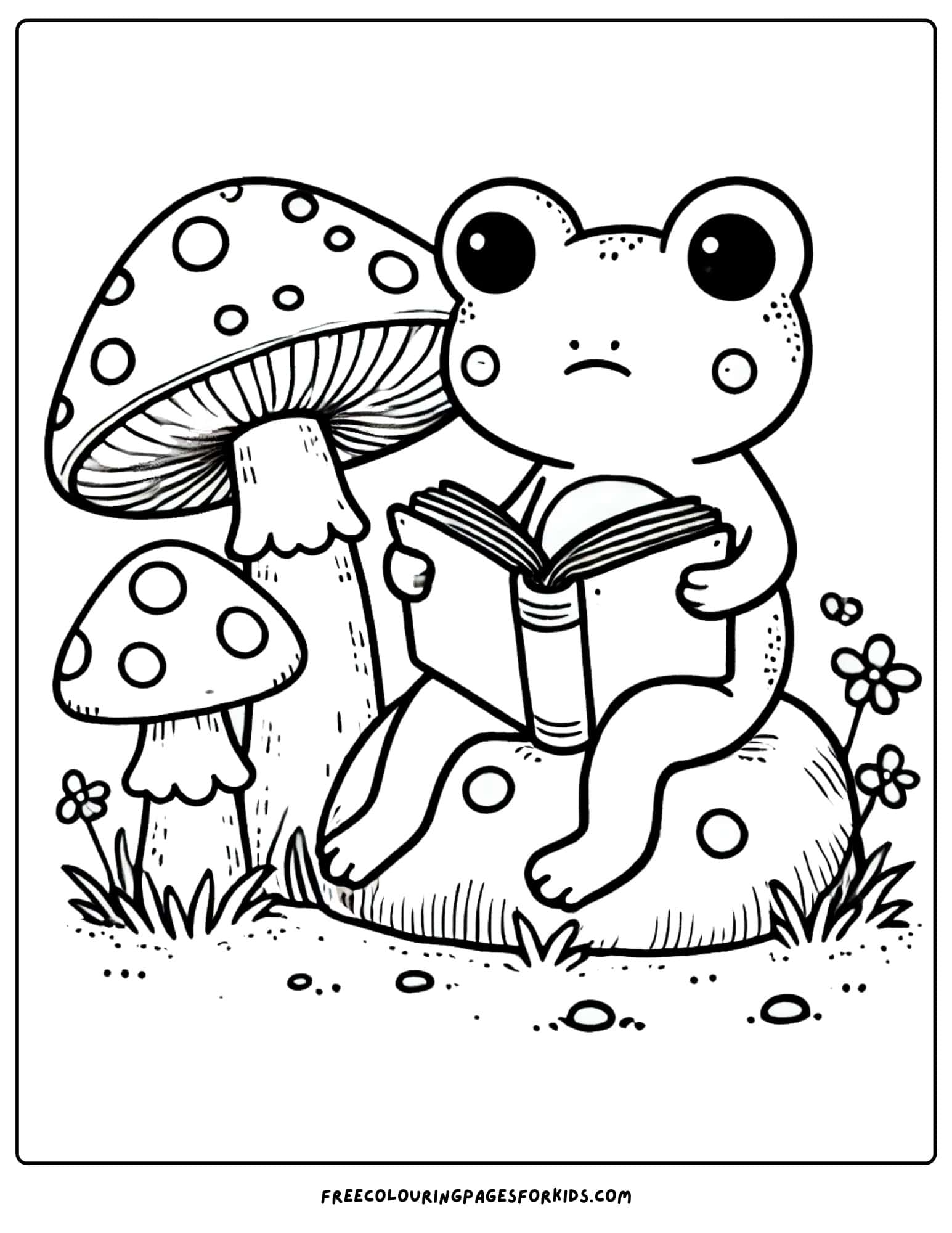 frog sitting on a rock reading a book coloring page