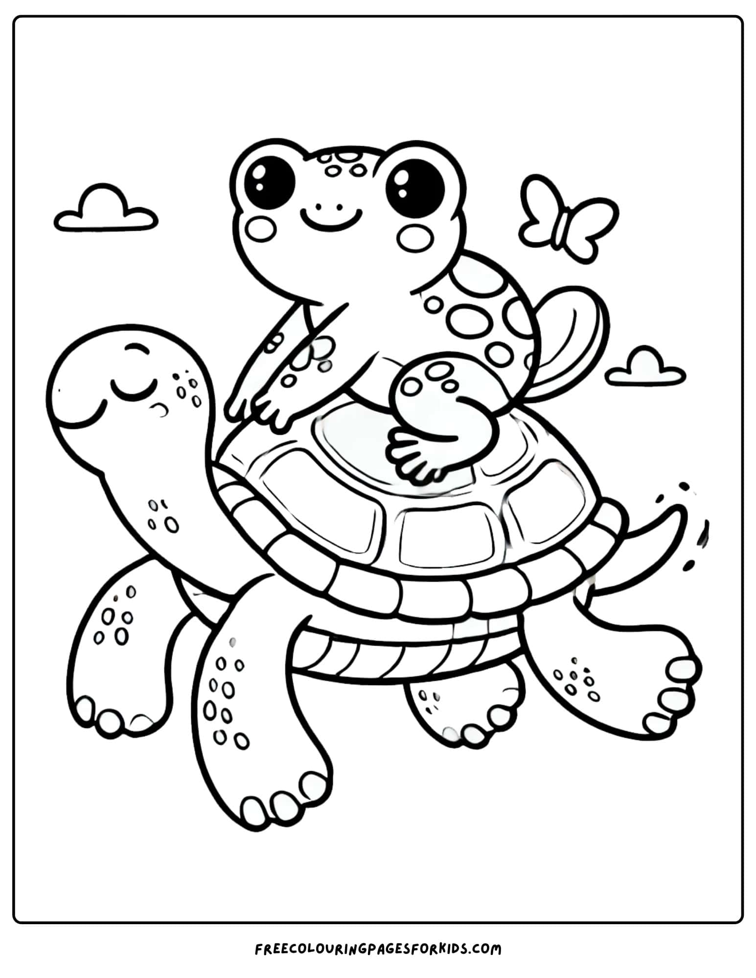 frog riding on the back of a turtle coloring page