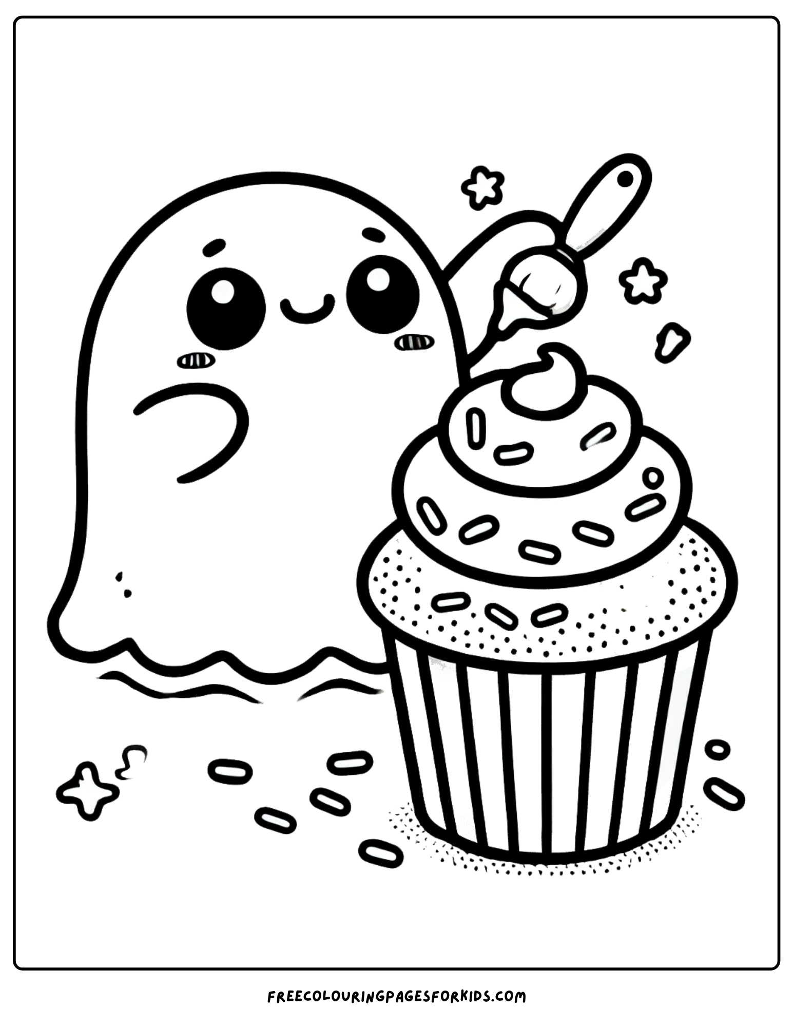 ghost decorating a cupcake coloring page