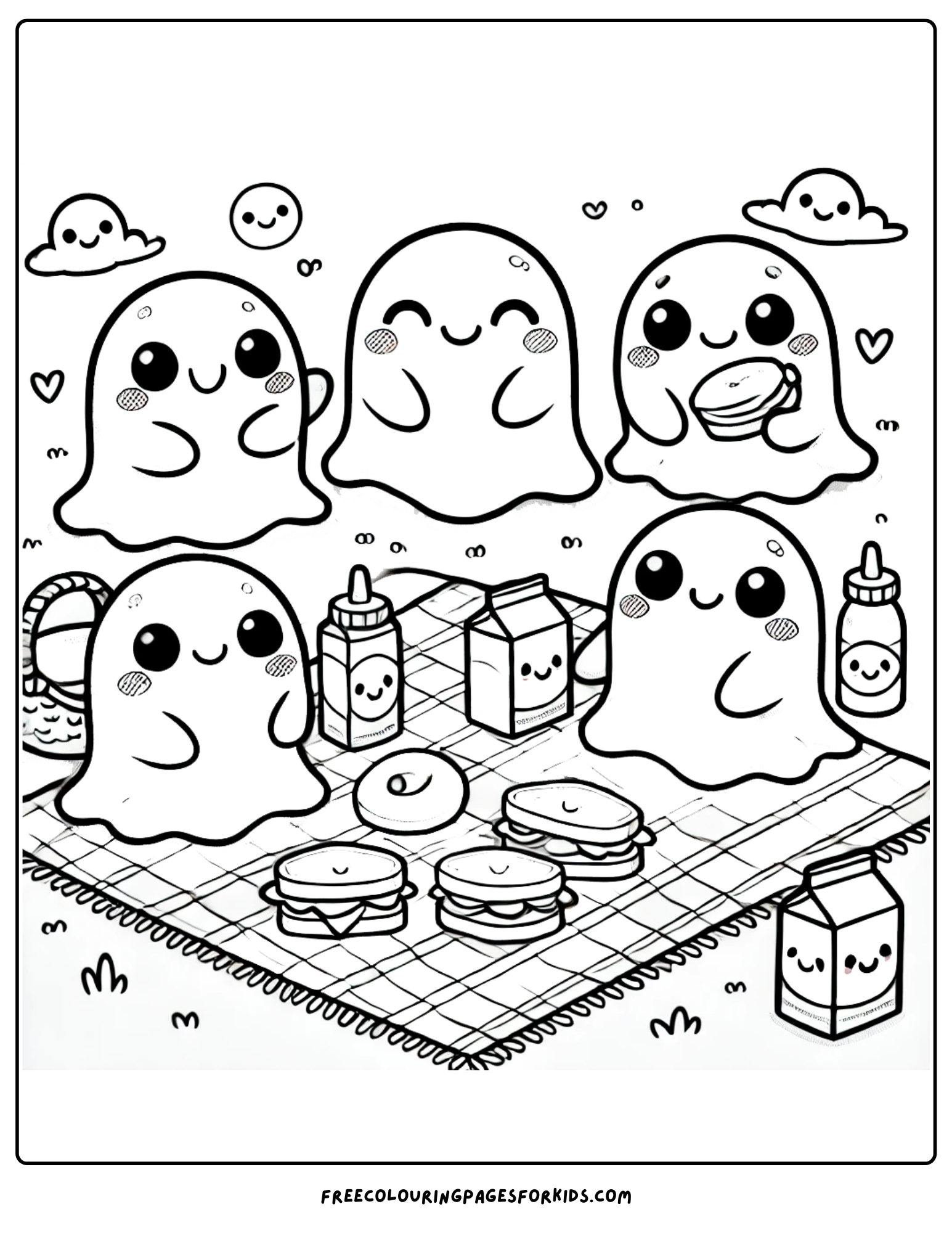 ghosts having a picnic coloring page