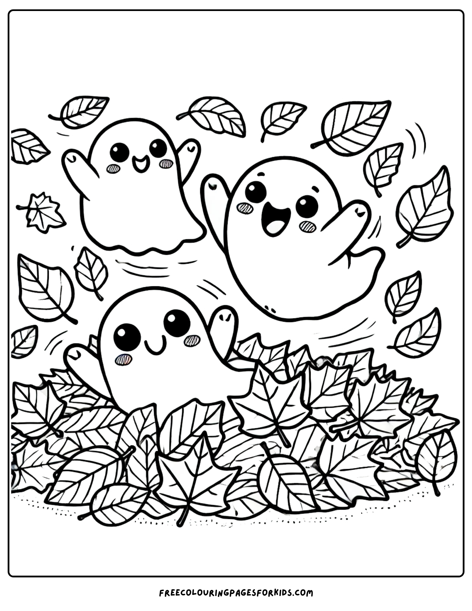 ghost playing with leaves coloring page