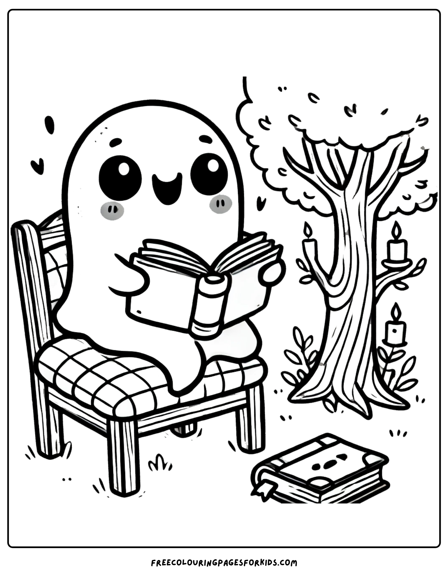 ghost reading a book under a tree coloring page