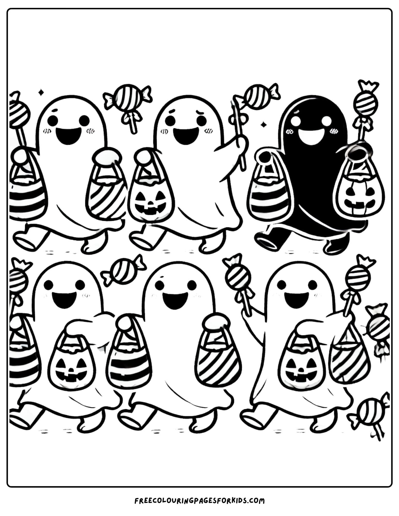 halloween ghosts trick or treating coloring page