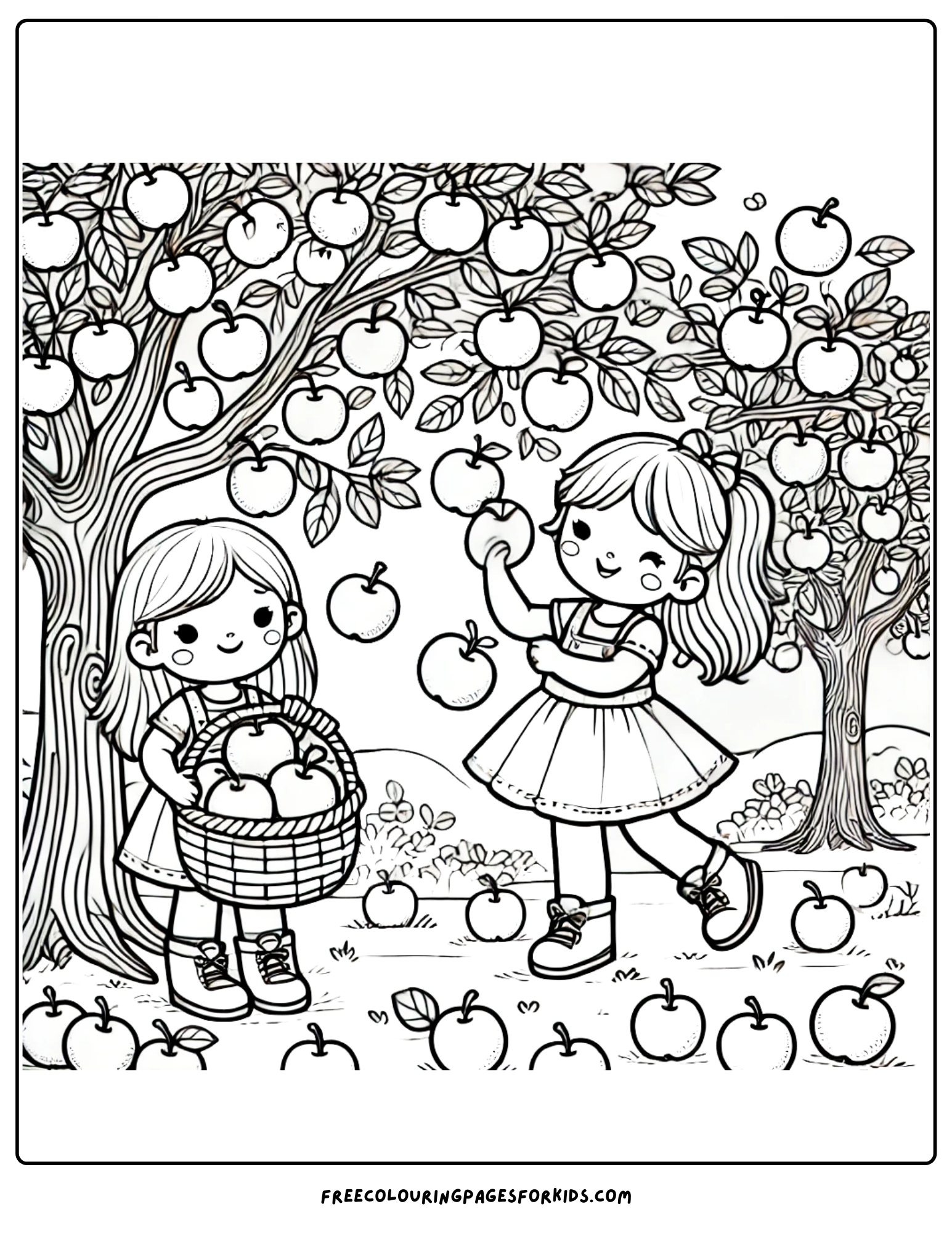 harvest apple pocking with kids coloring page