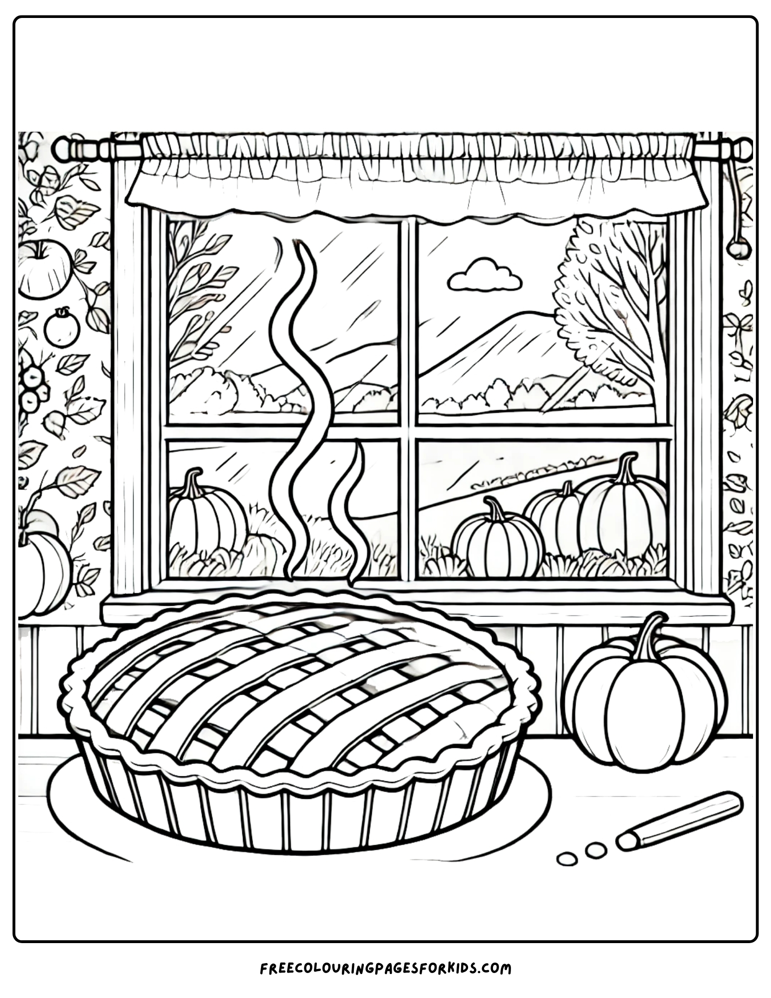 harvest apple pie cooling on the window sill coloring page