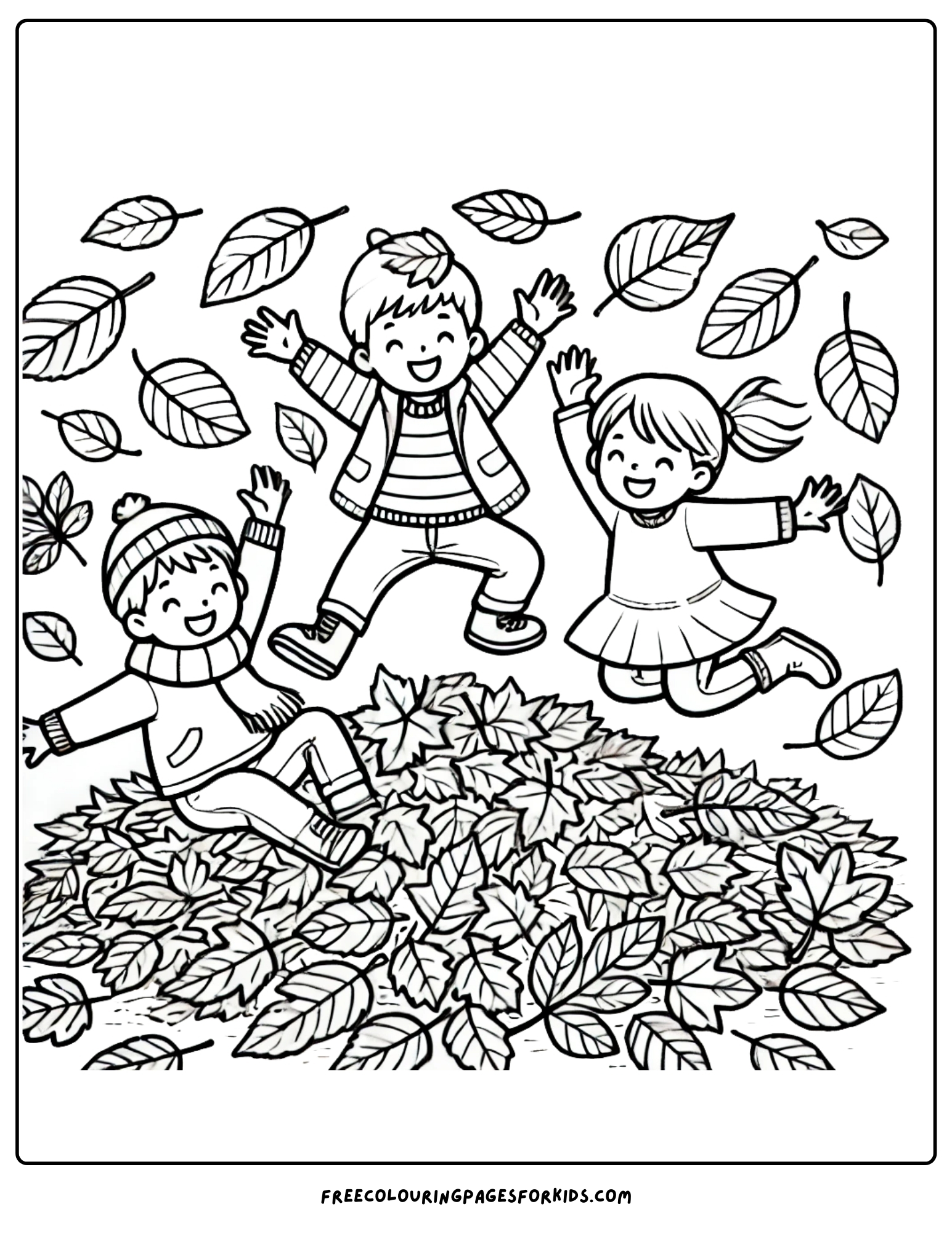 harvest autumn leaf pile with kids playing coloring page