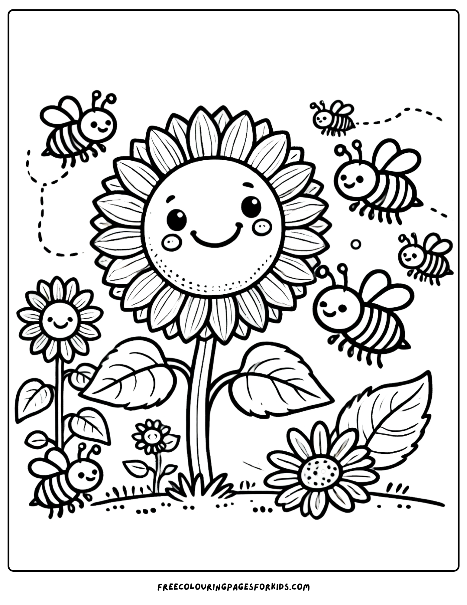 harvest giant sunflower with buzzy bees coloring page