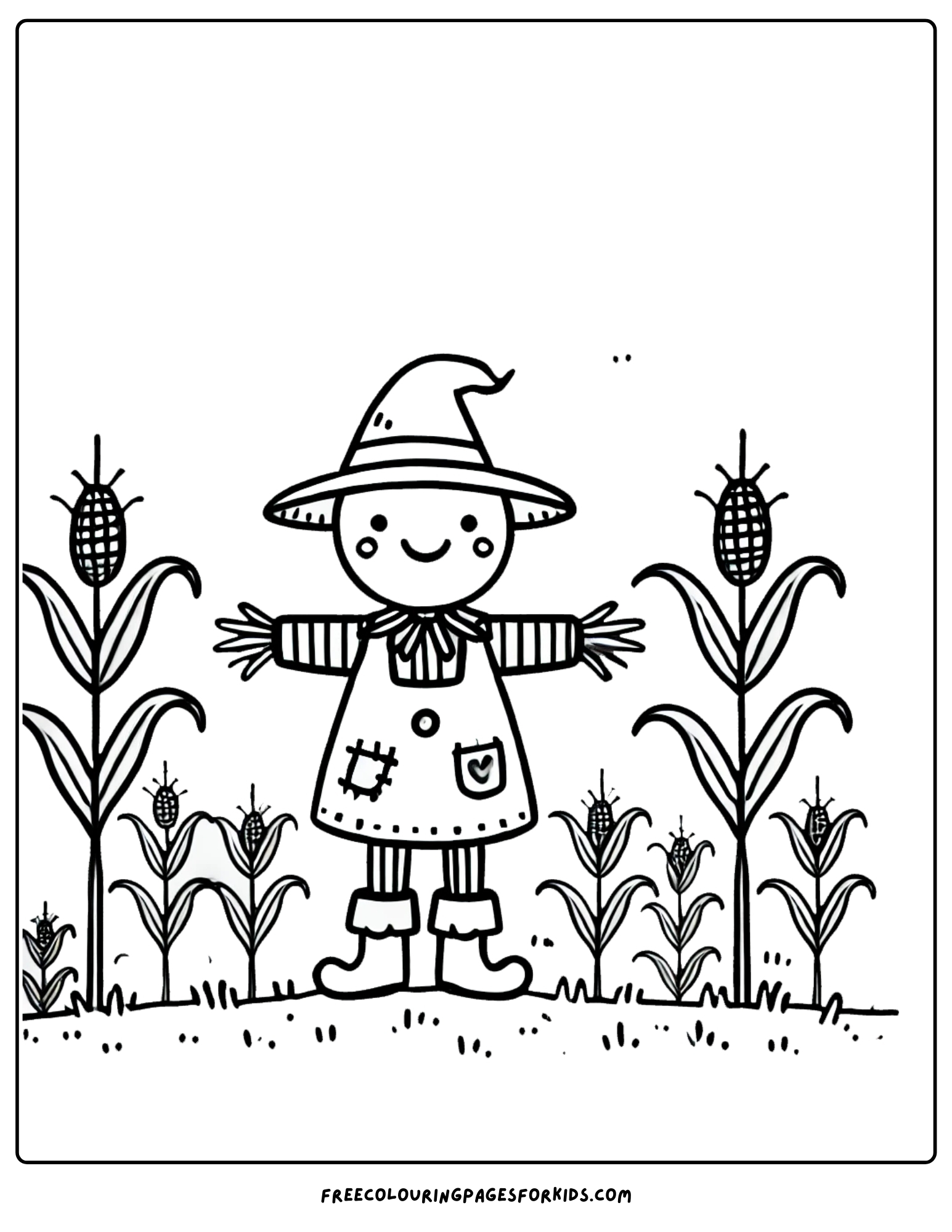 harvest happy scarecrow in a field coloring page