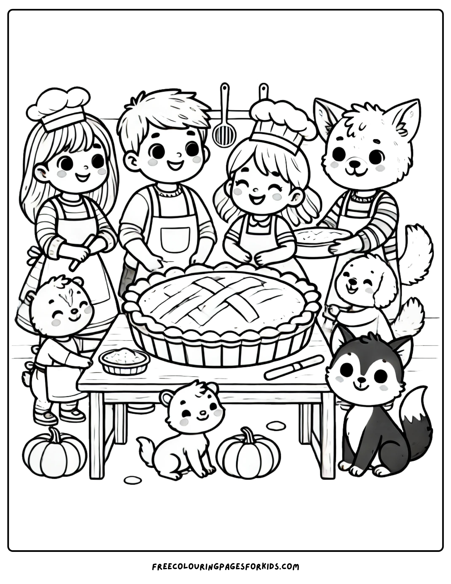 harvest pie baking day as everyone gathers around the table coloring page