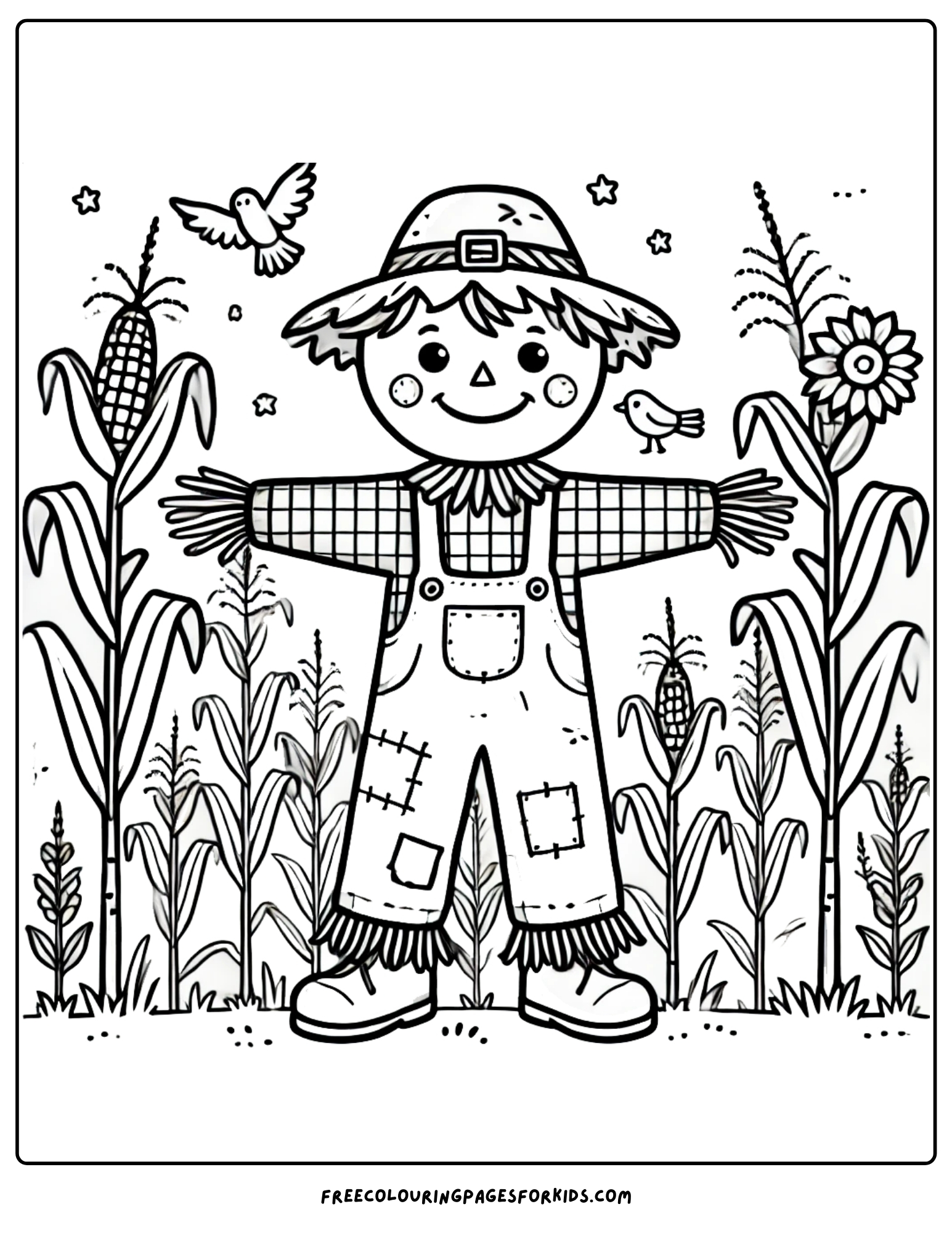 harvest scarecrow in a cornfield coloring page