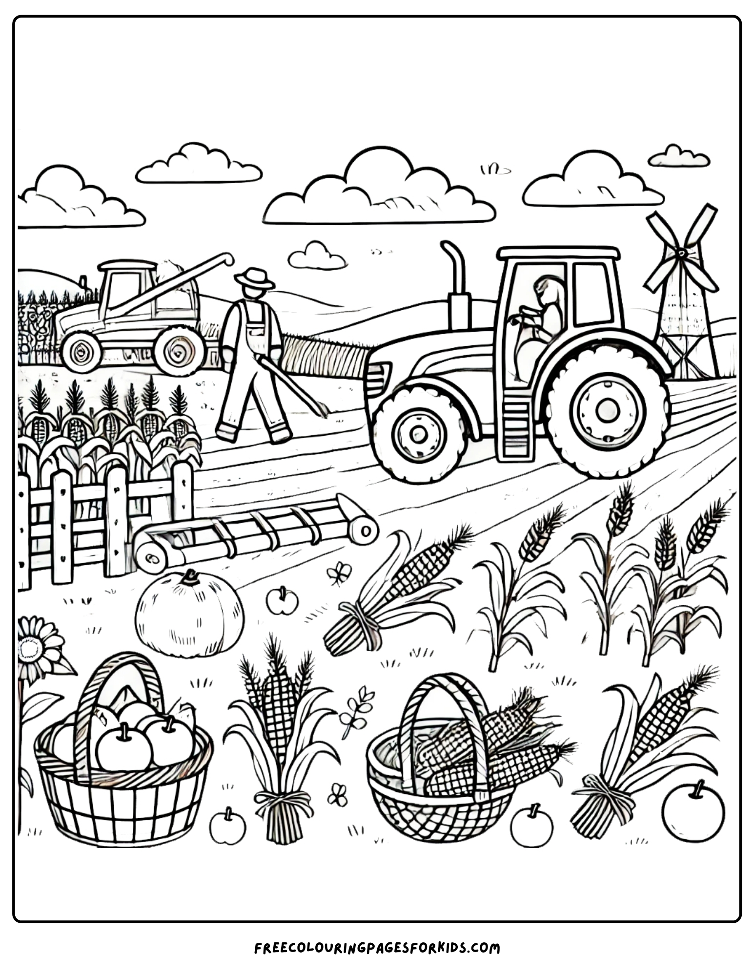 harvest tractor in the field coloring page