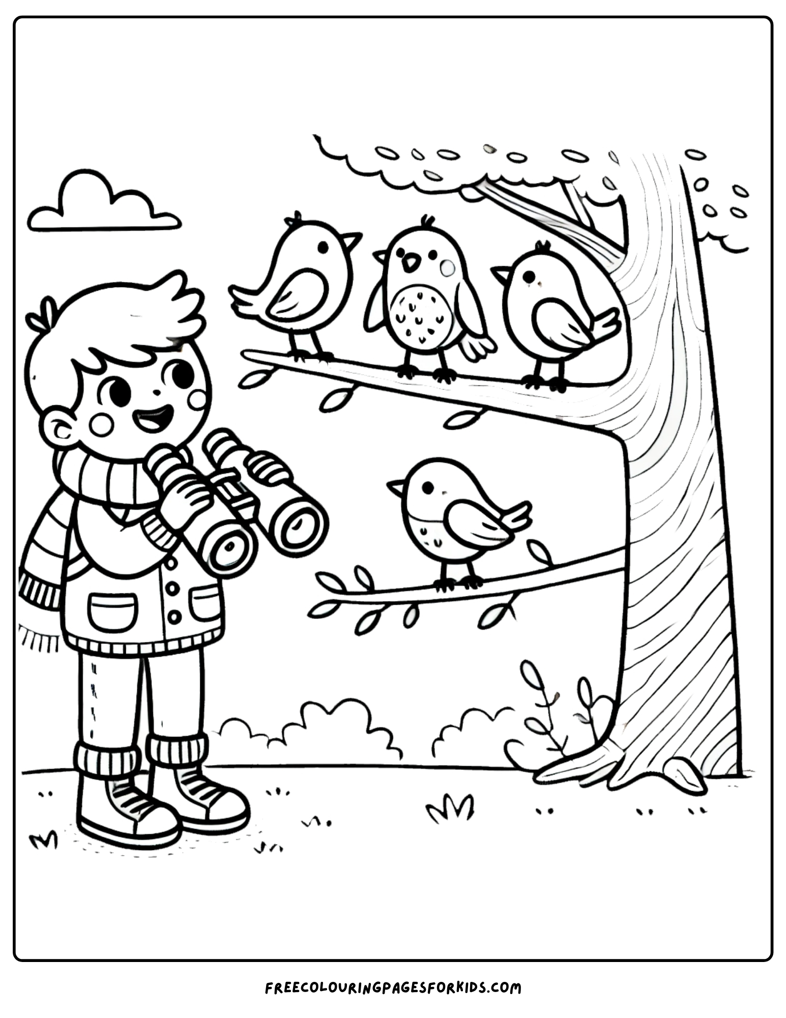 hiking and bird watching coloring page