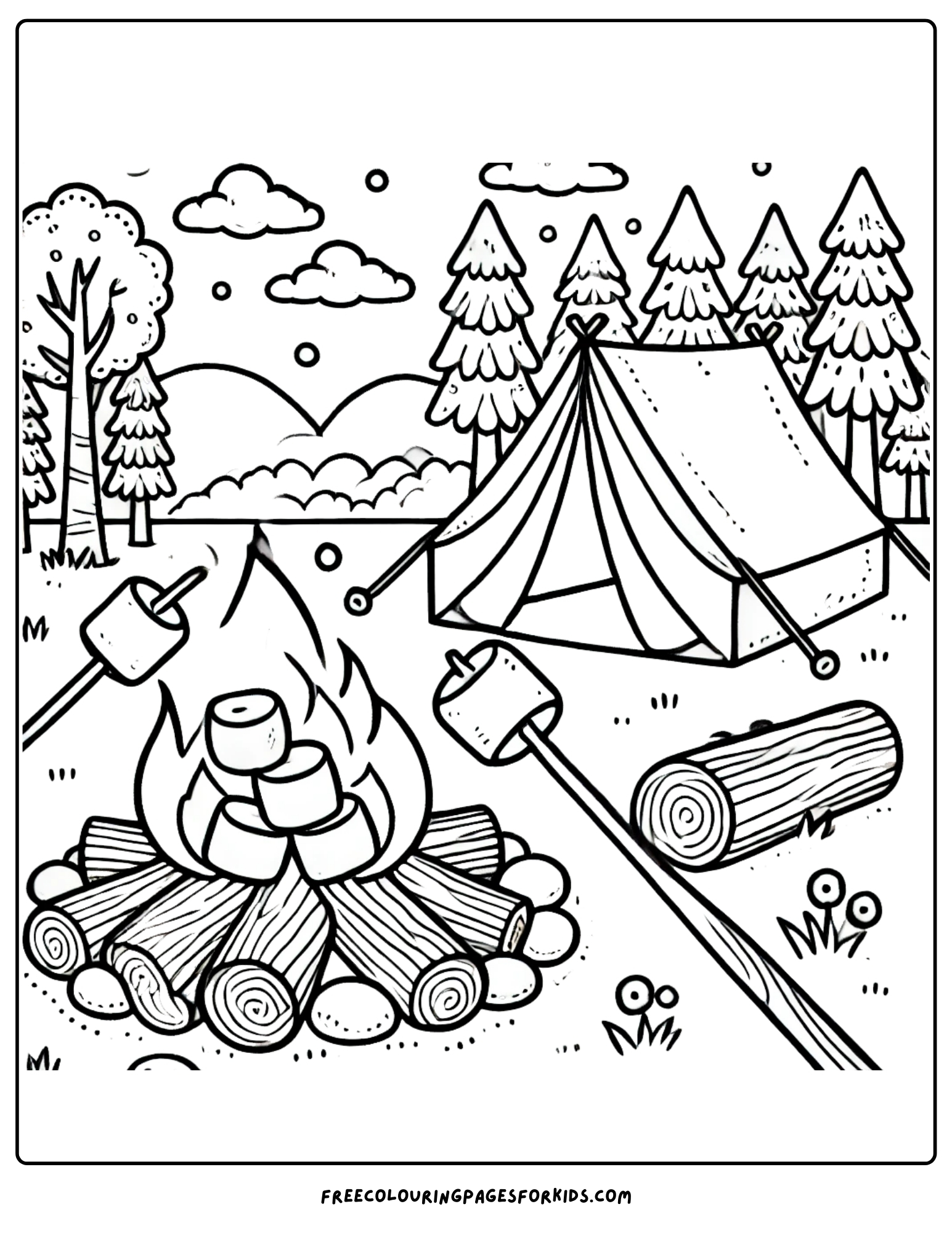 hiking campfire setup with tent coloring page