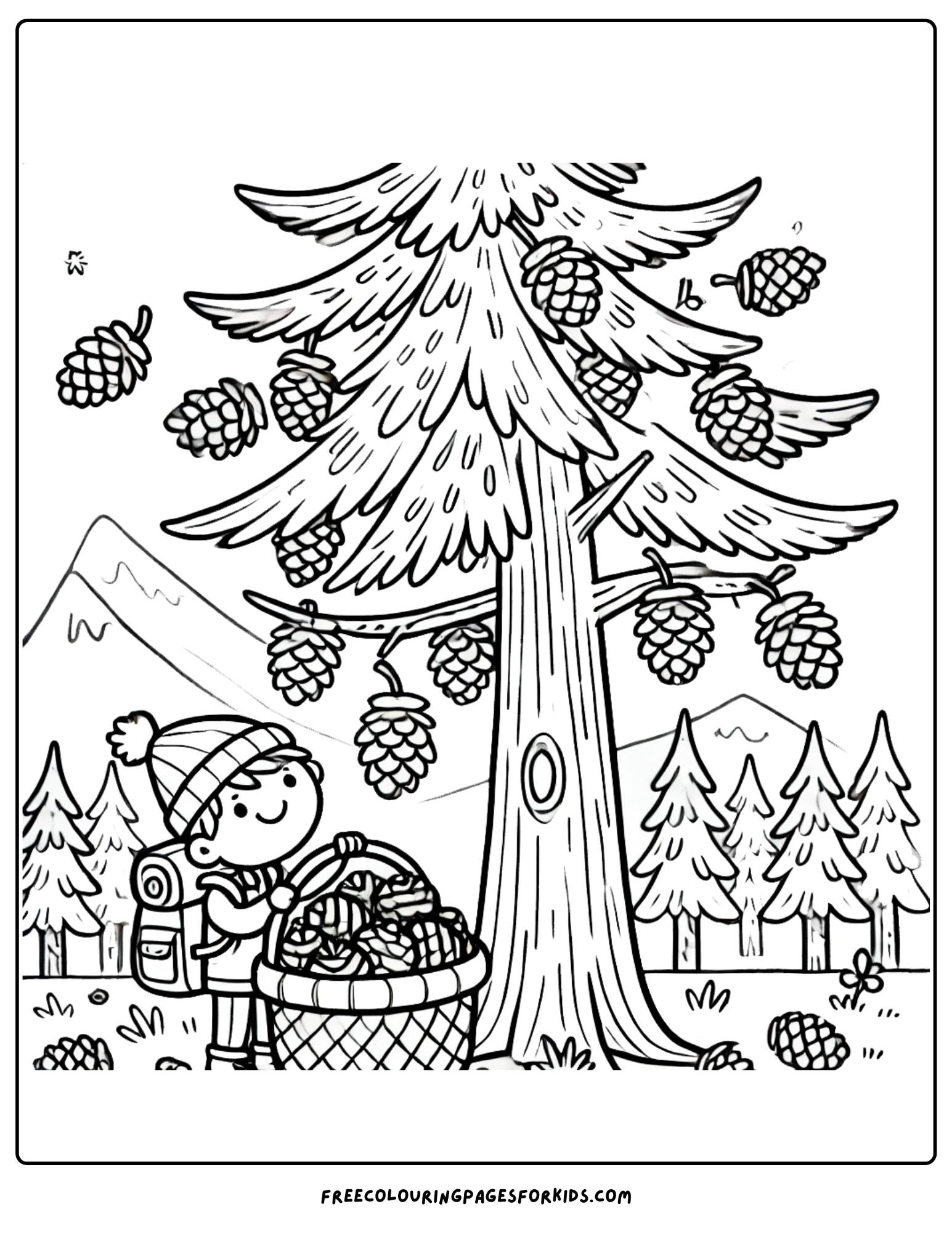 hiking and collecting pinecones coloring page