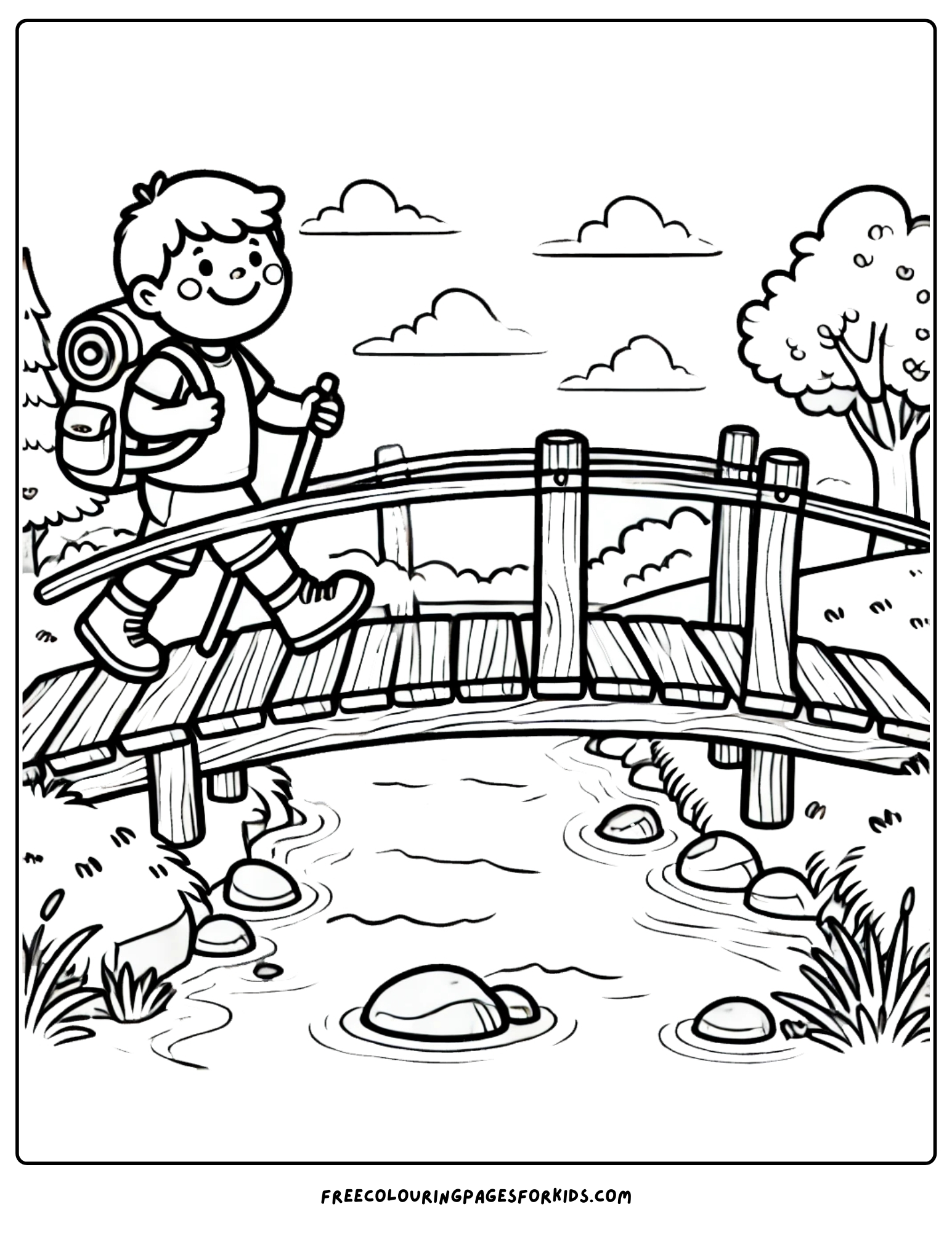 hiking over a bridge coloring page