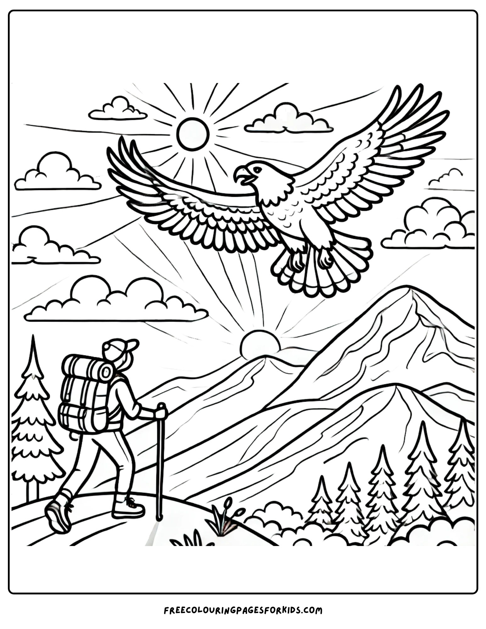 hiking with an eagle flying overhead coloring page