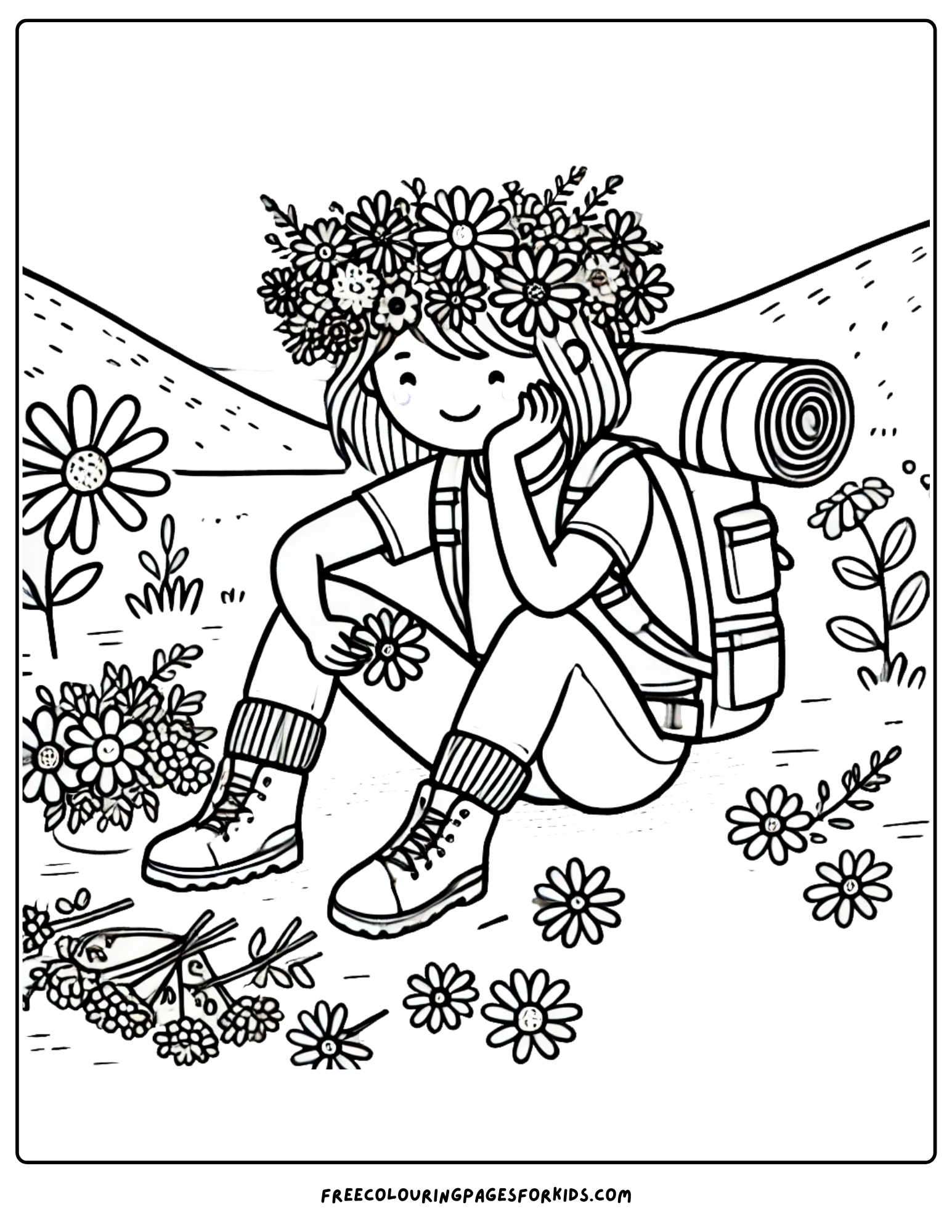 hiking and having a rest to make a flower crown coloring page