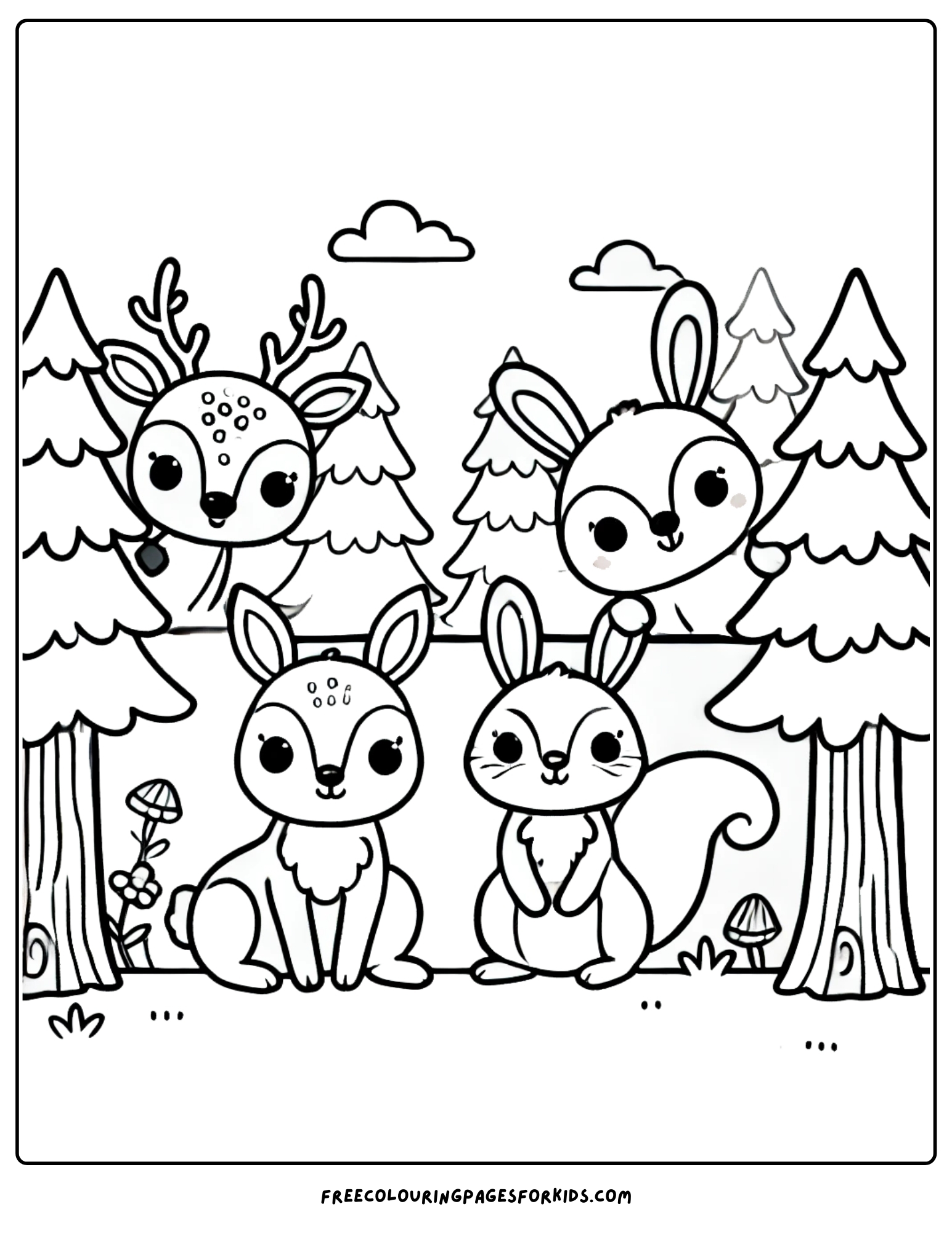 hiking in the forest and seeing forest animals coloring page