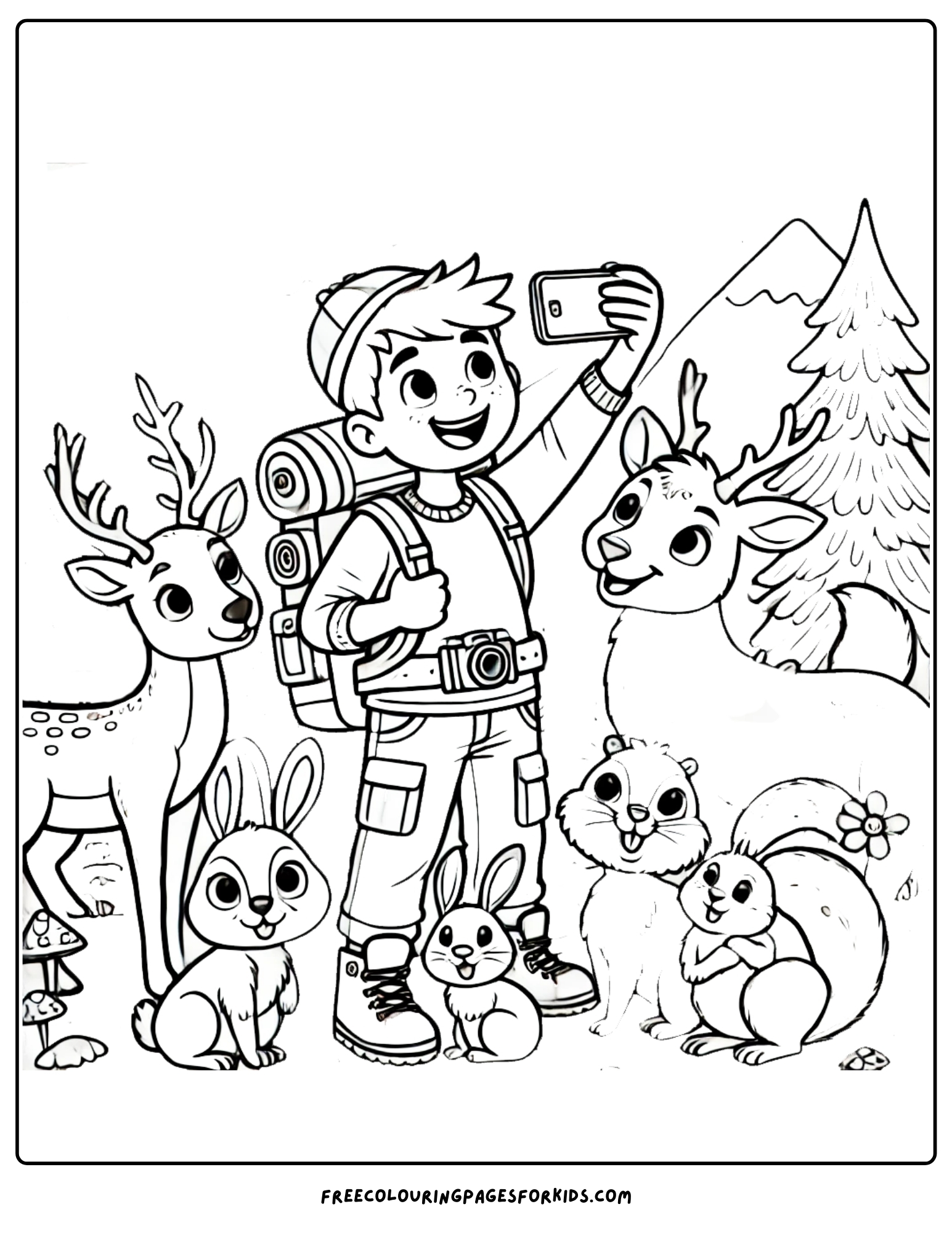 hiking and taking a selfie coloring page