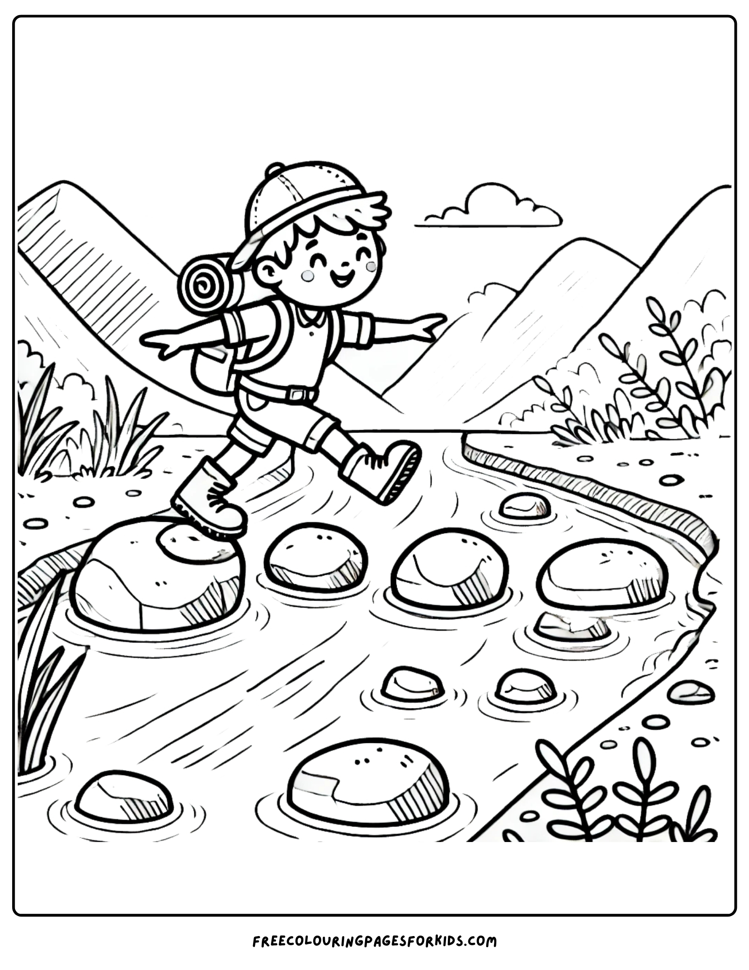 hiking and going over ariver crossing coloring page