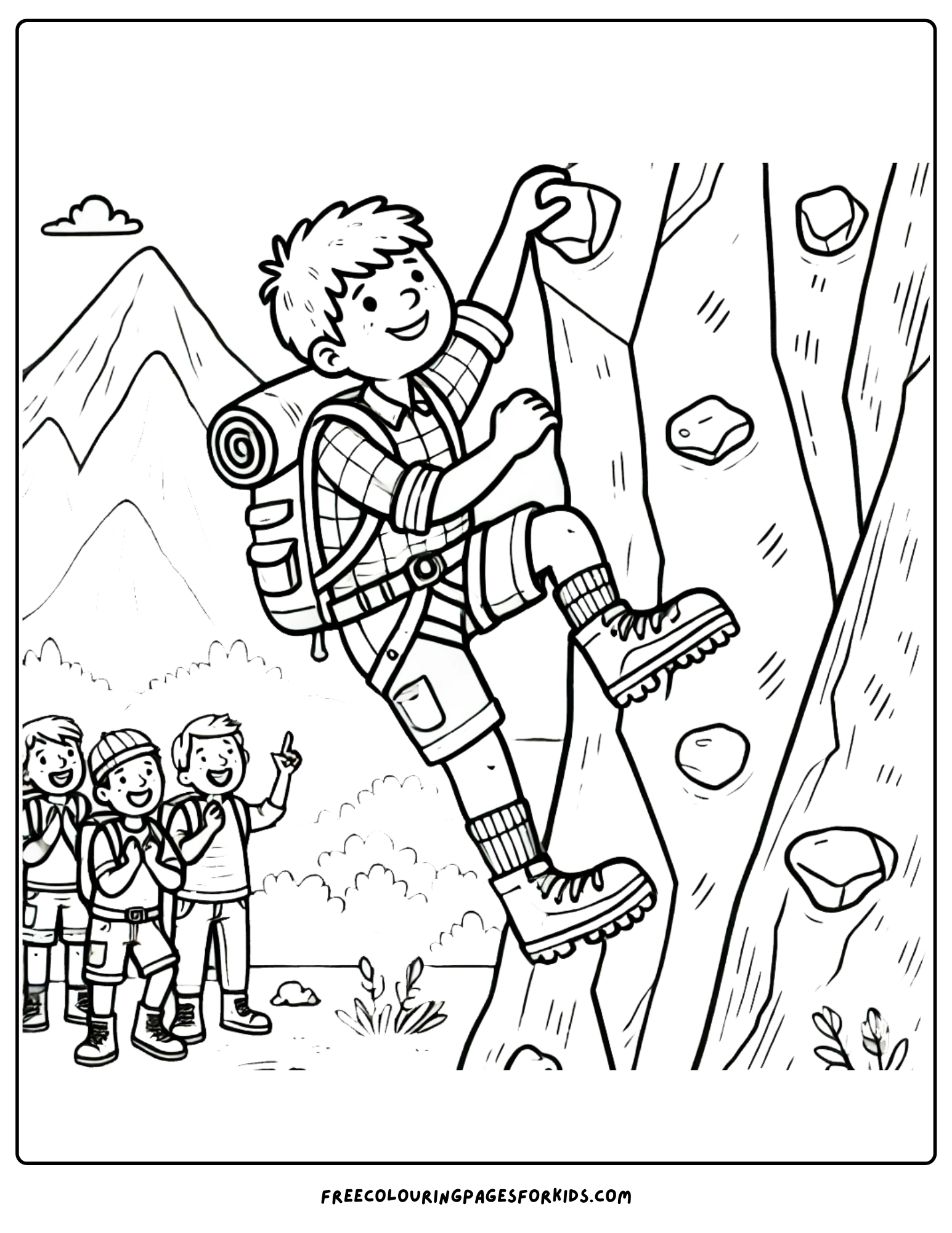 hiking and climbing a mountain with friends coloring page