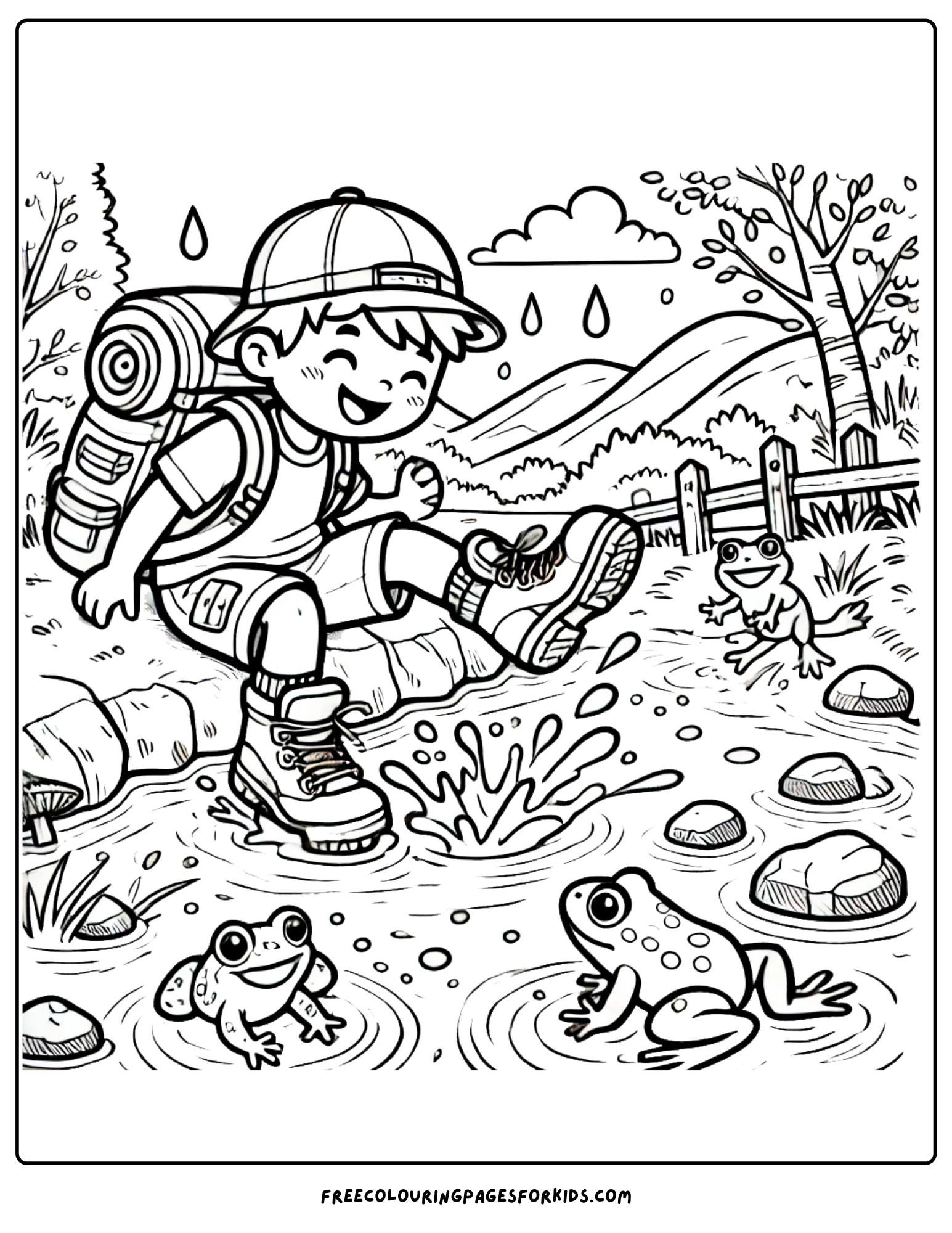 hiking and splashing in a stream with your feet coloring page