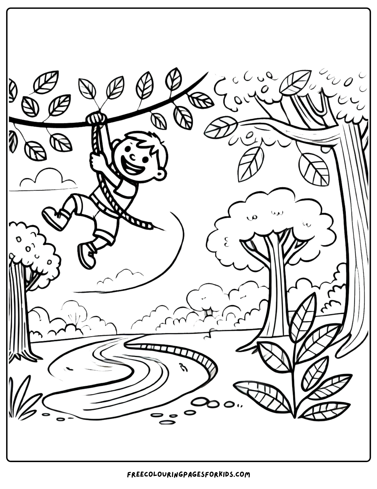 hiking and swinging on a vine in the trees coloring page