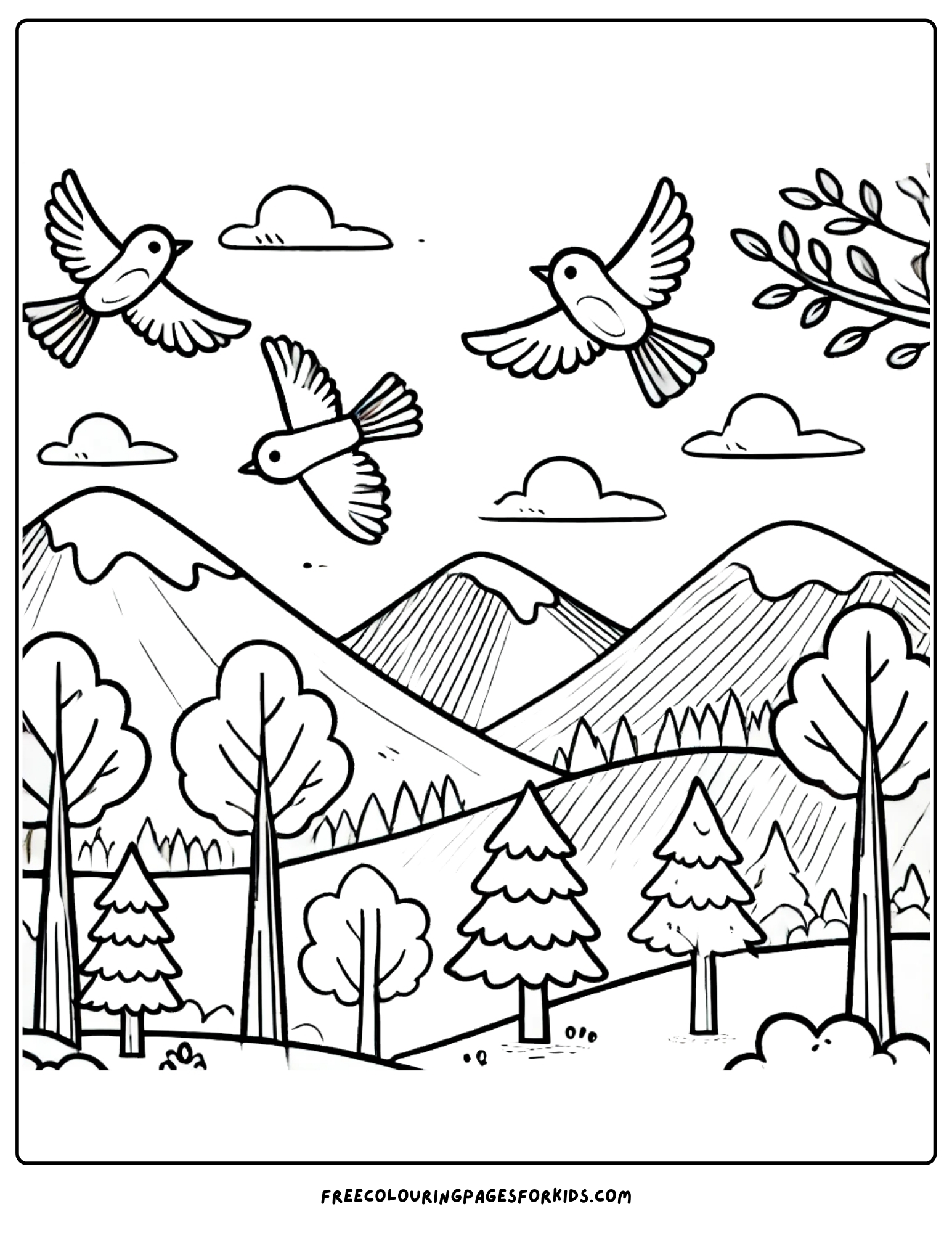 hiking treetop view of birds and mountains coloring page