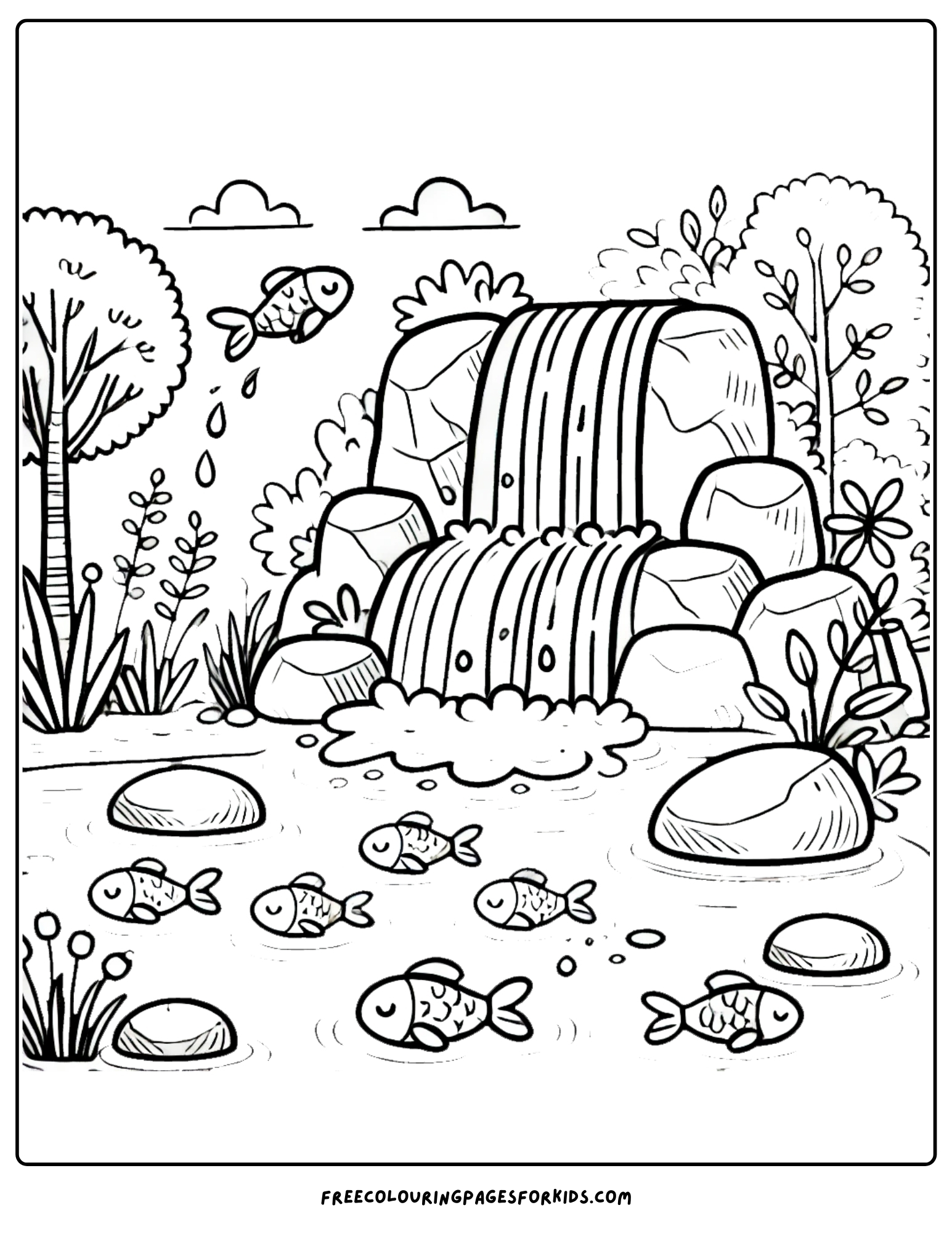 hiking and finding a lovely waterfall coloring page