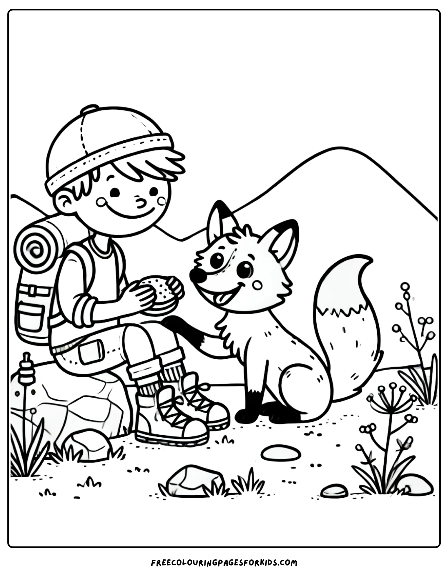 hiking with a friendly fox coloring page