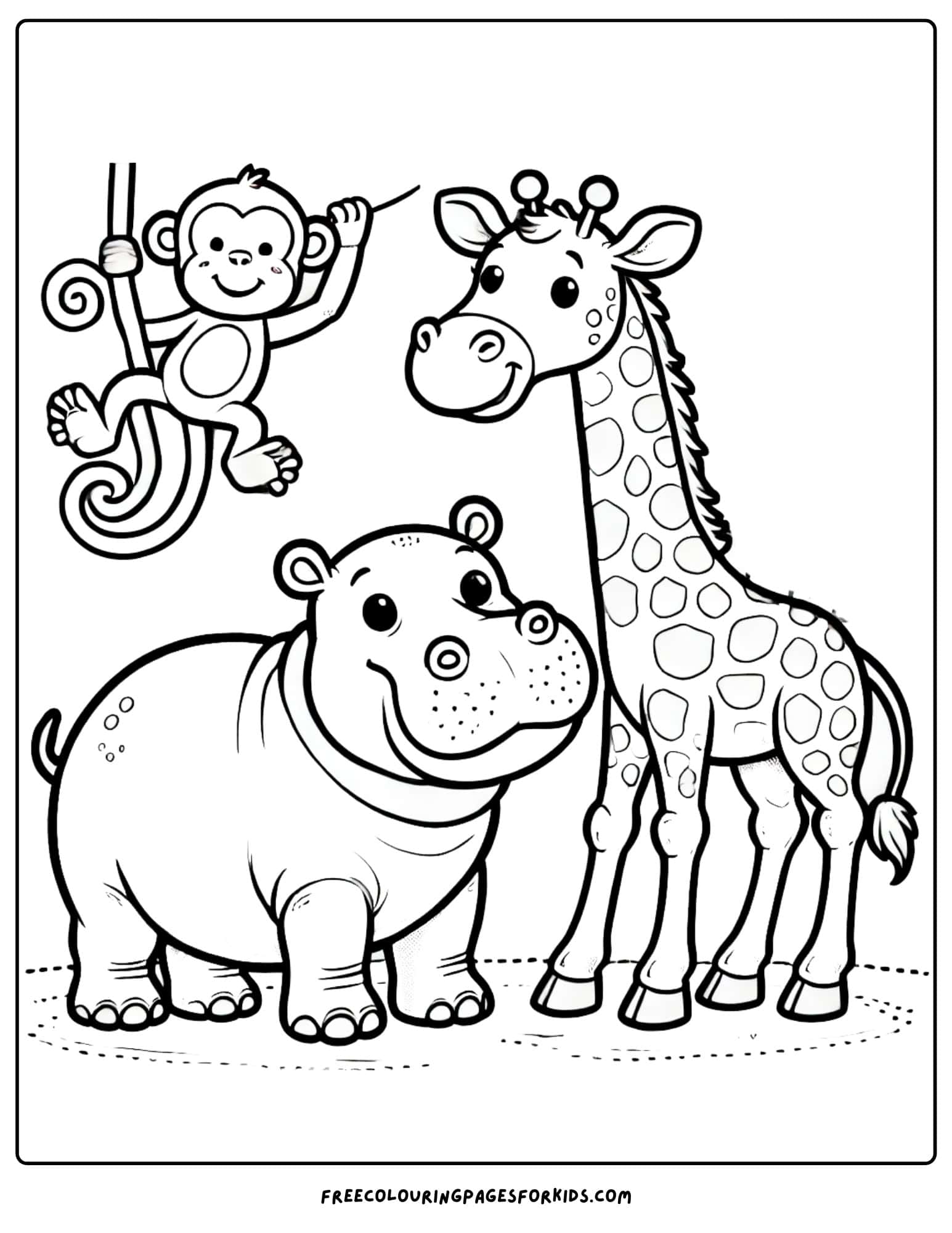 hippo with some animal friends coloring page