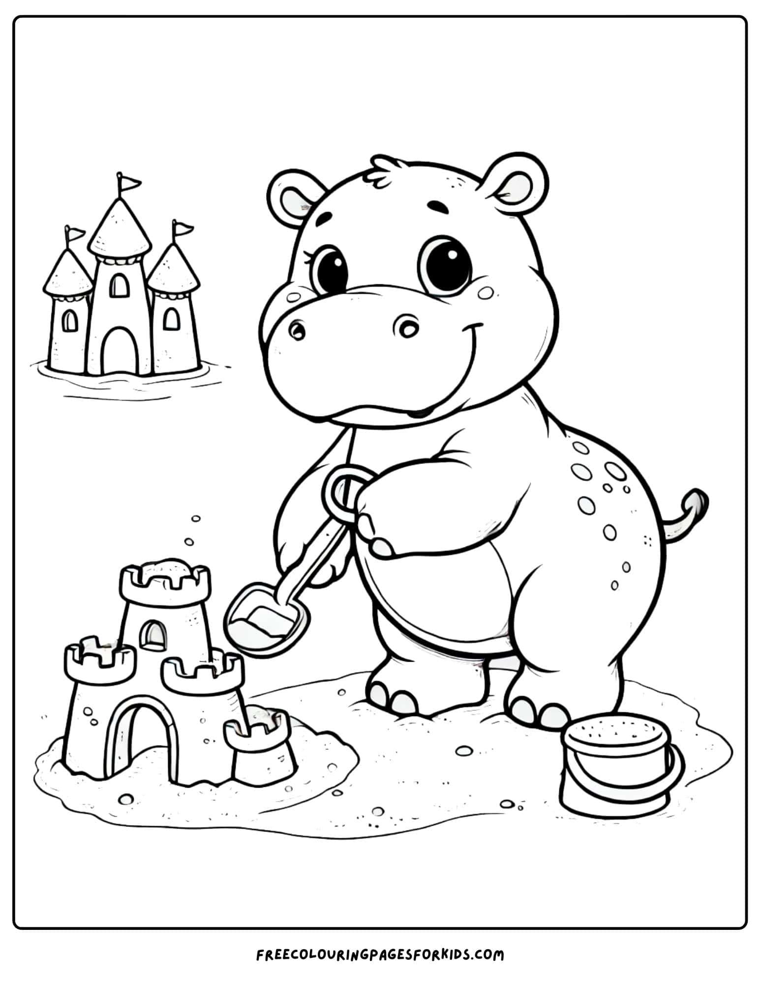 hippo building a sandcastle coloring page