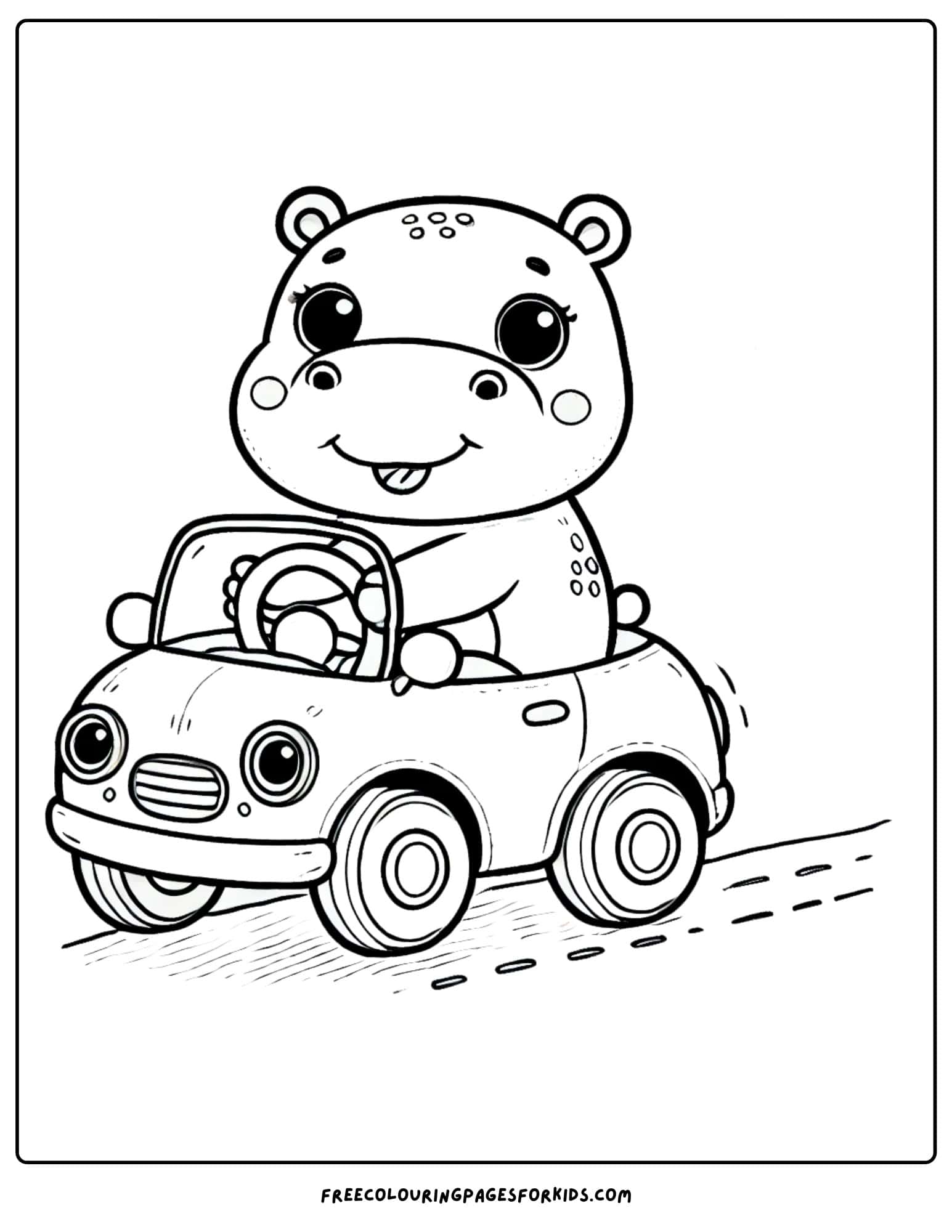 hippo driving a small car coloring page