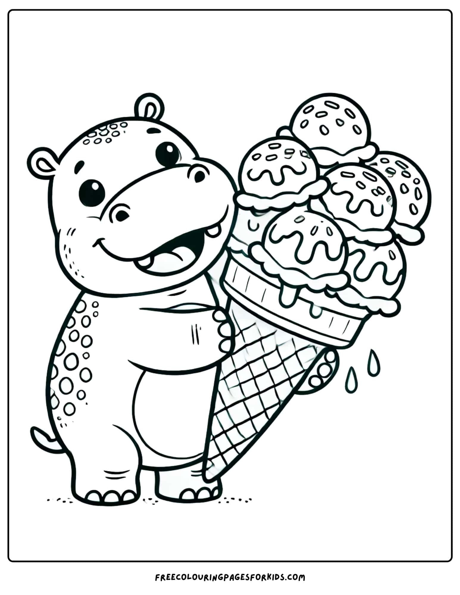 hippo holdinf a giant ice cream cone coloring page