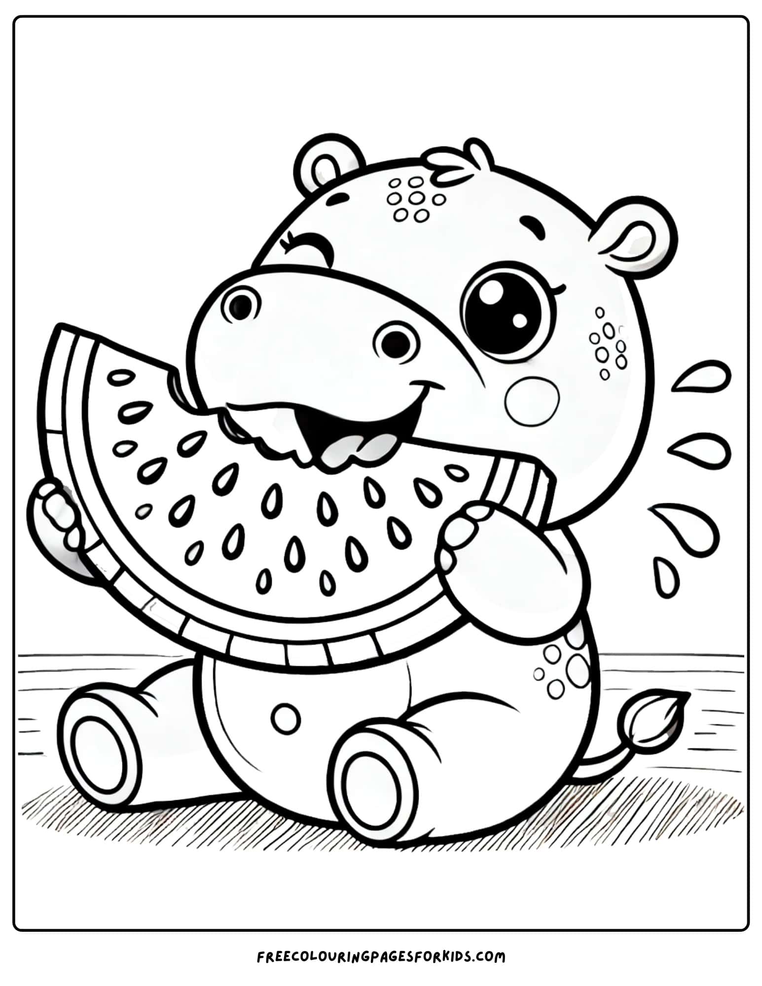 hippo eating a slice of watermelon coloring page