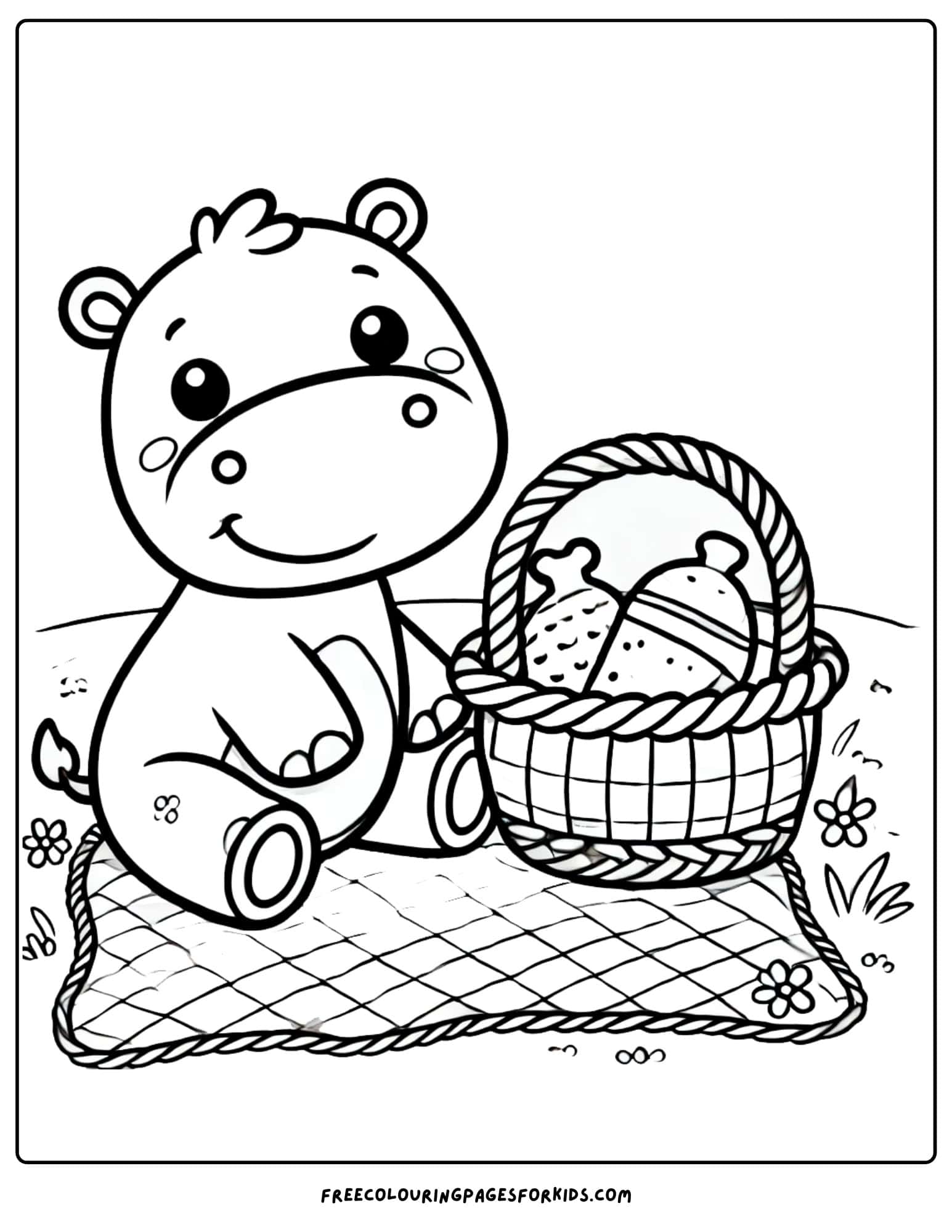 hippo sitting having a picnic lunch coloring page