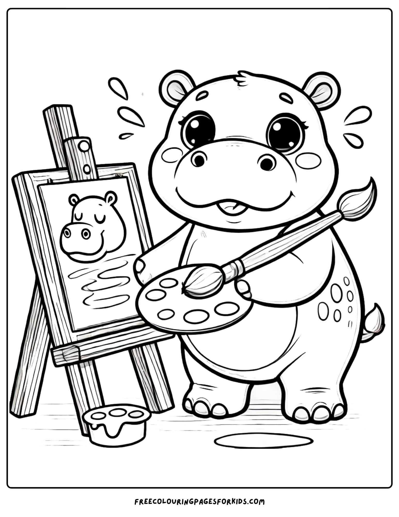 hippo painting on an easel coloring page