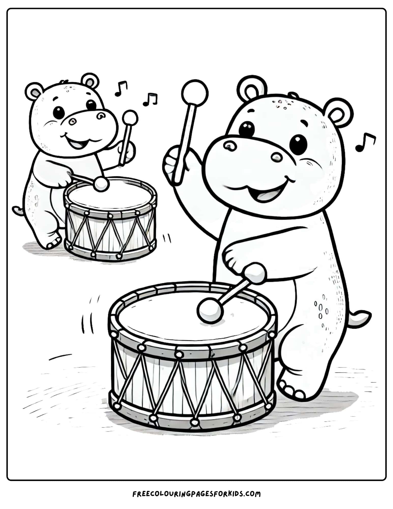 hippo banging on drums making music coloring page