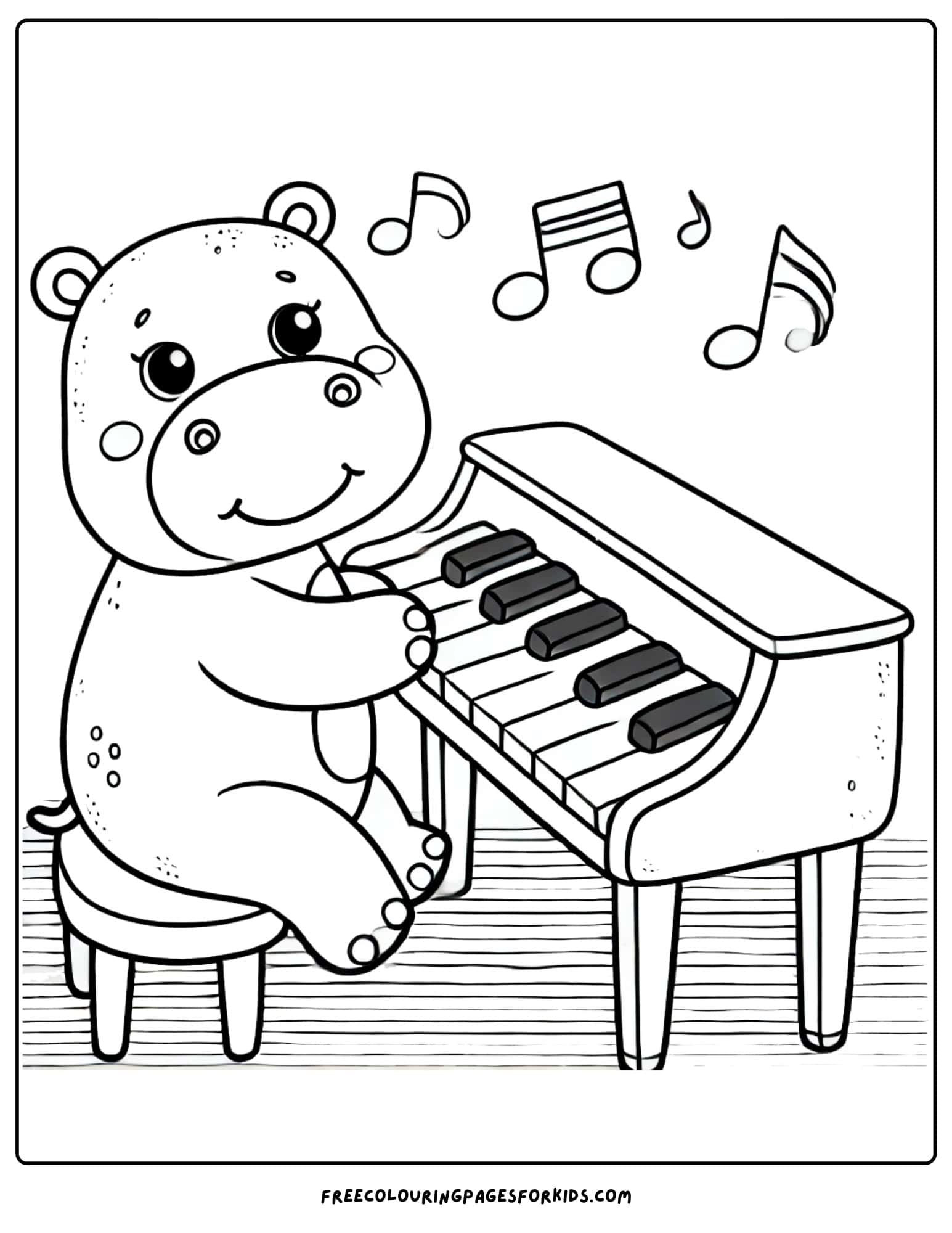 hippo seated at a piano making music coloring page