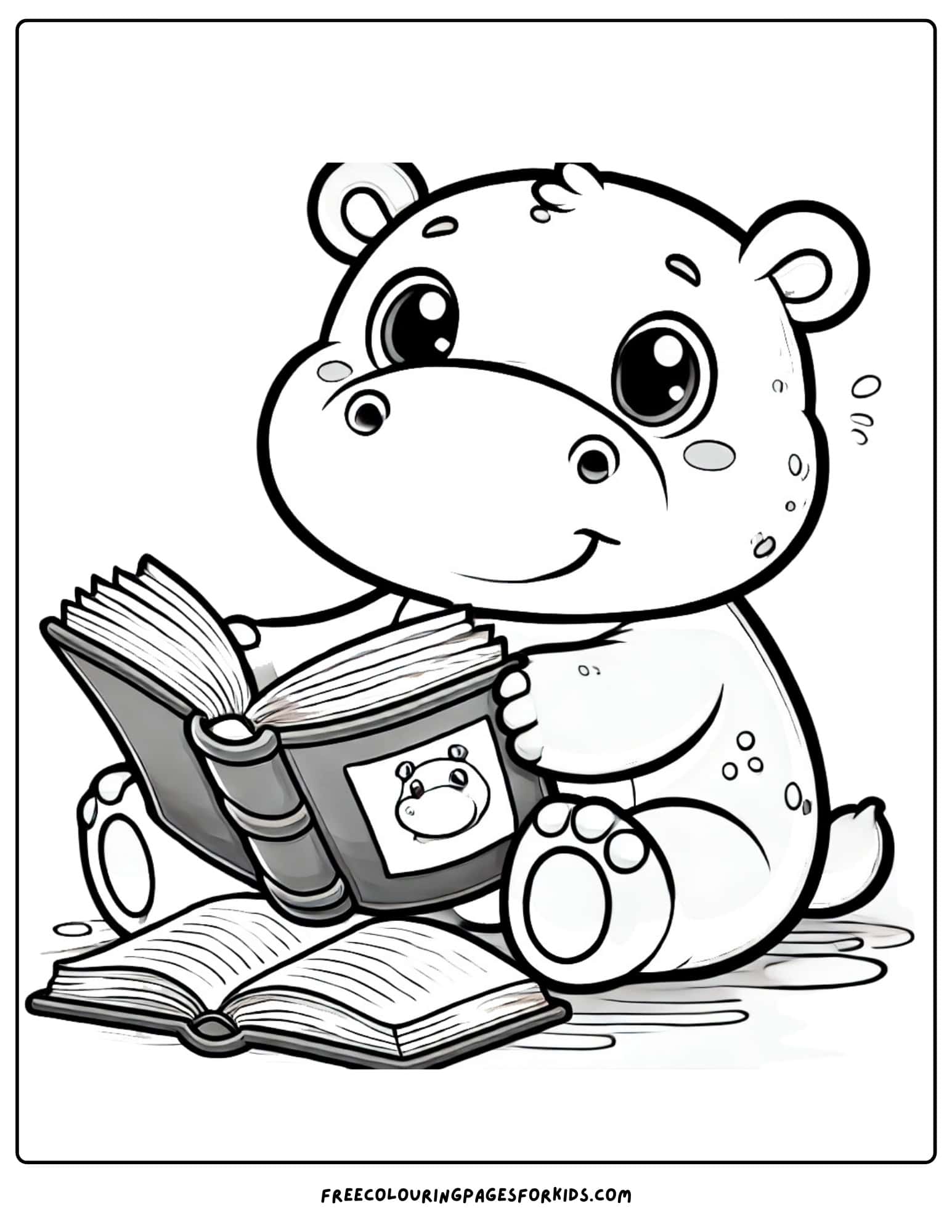 hippo seated reading a book coloring page