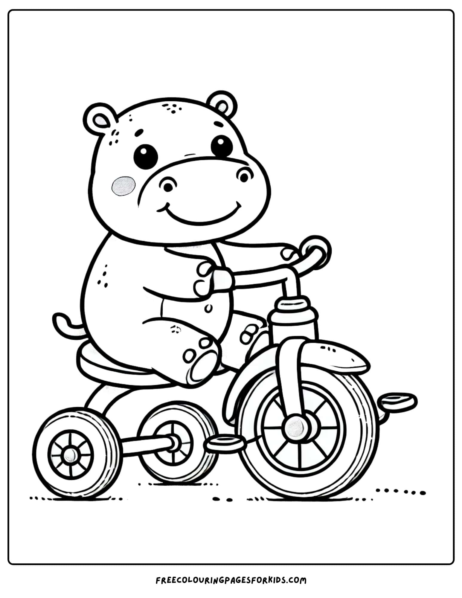 hippo happily riding a tricycle coloring page