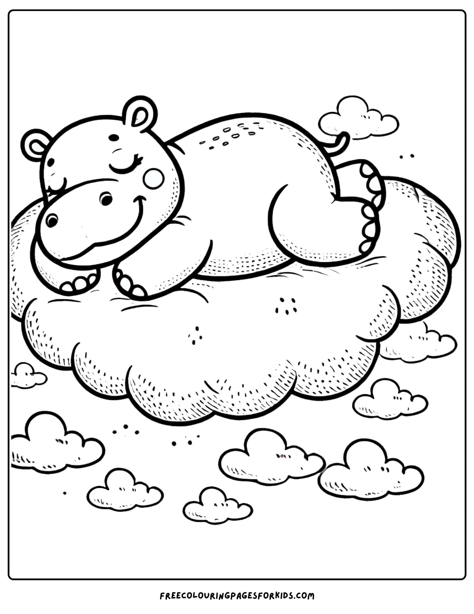 hippo sleeping on a cloud coloring page