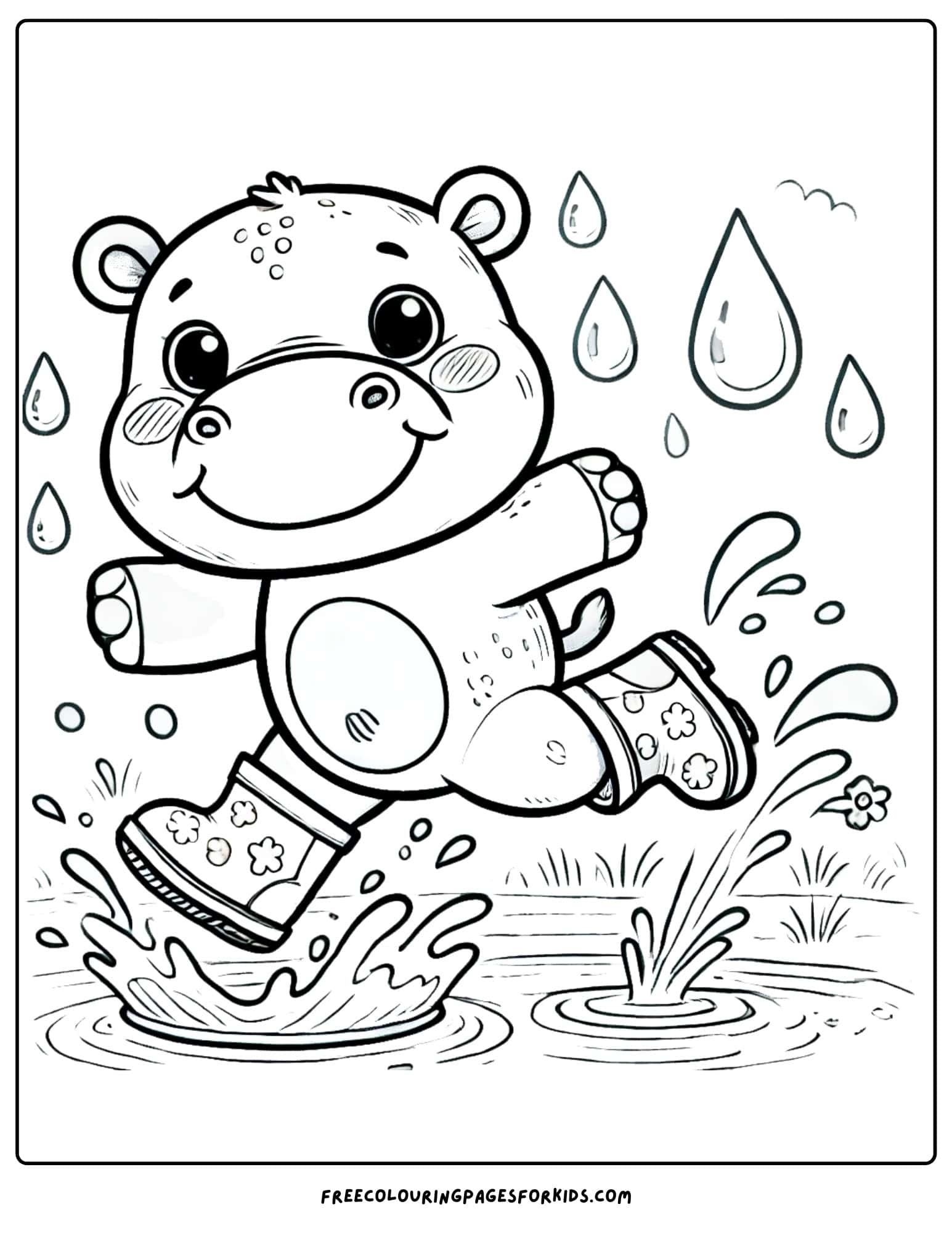 hippo running in the rain splashing about coloring page