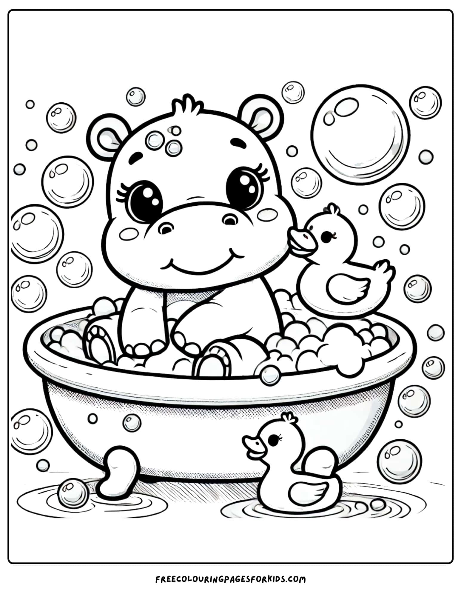 hippo having a fun bubble bath coloring page