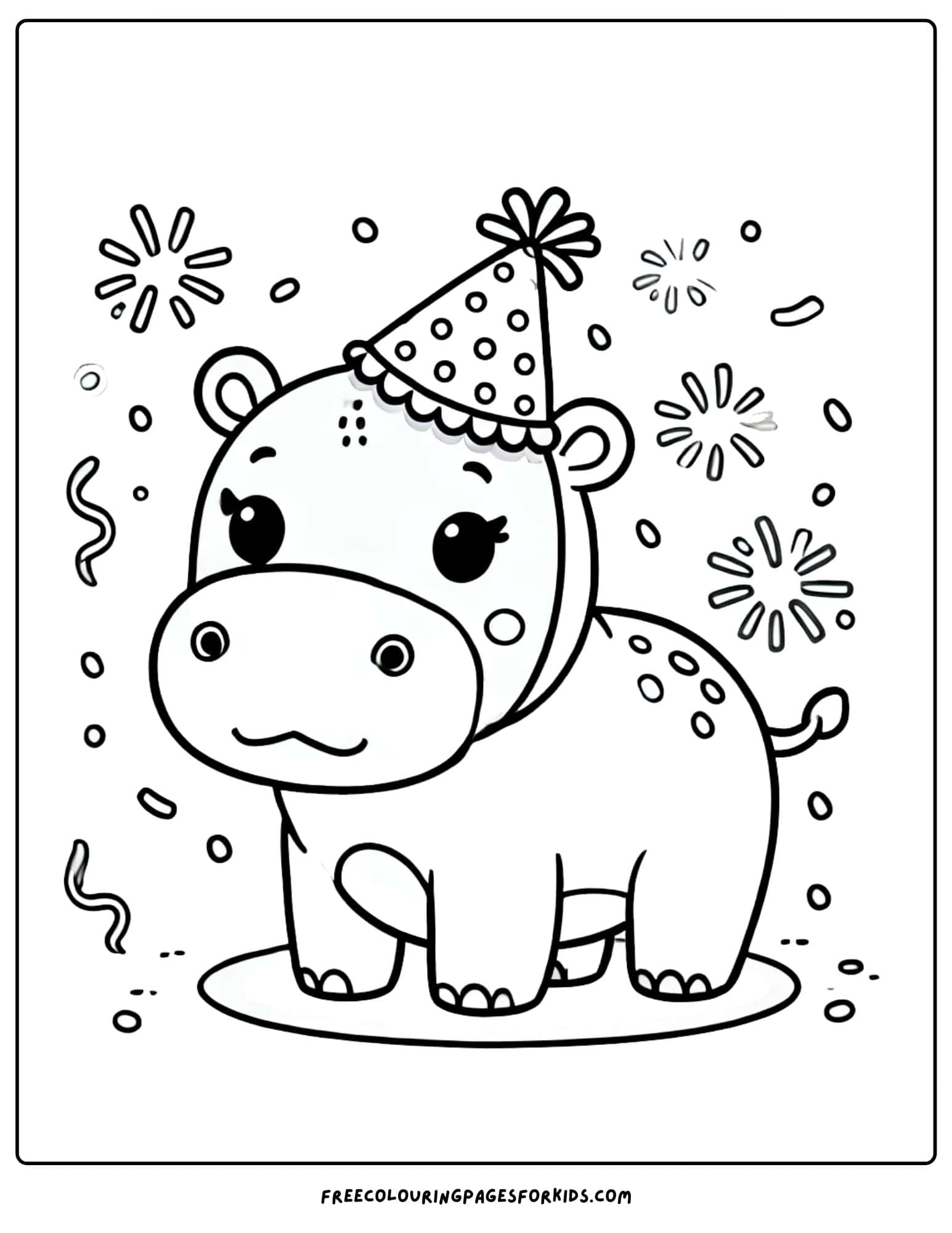 hippo wearing a party hat coloring page