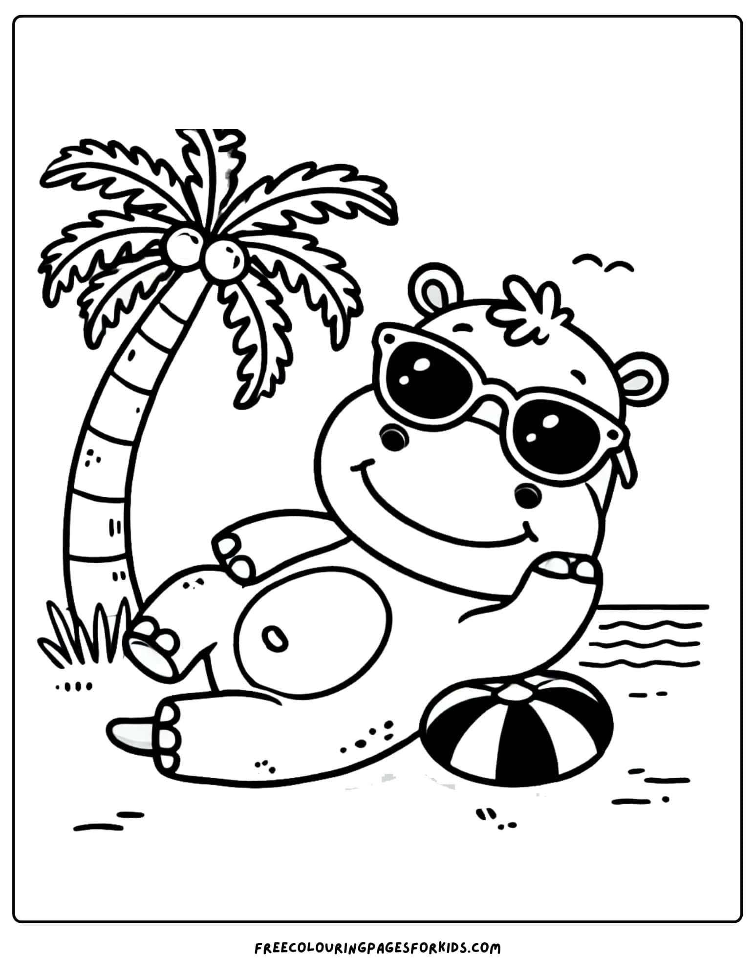 hippo wearing sunglasses relaxing at the beach coloring page