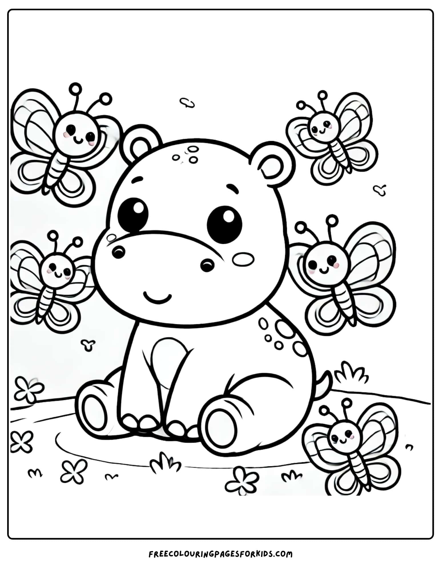 hippo with butterflies coloring page