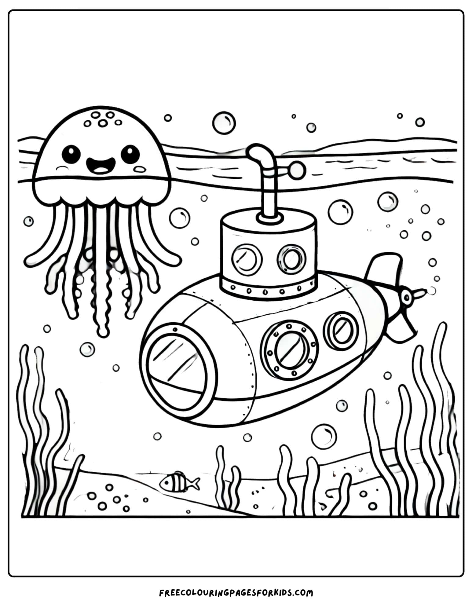 jellyfish next to a submarine coloring page