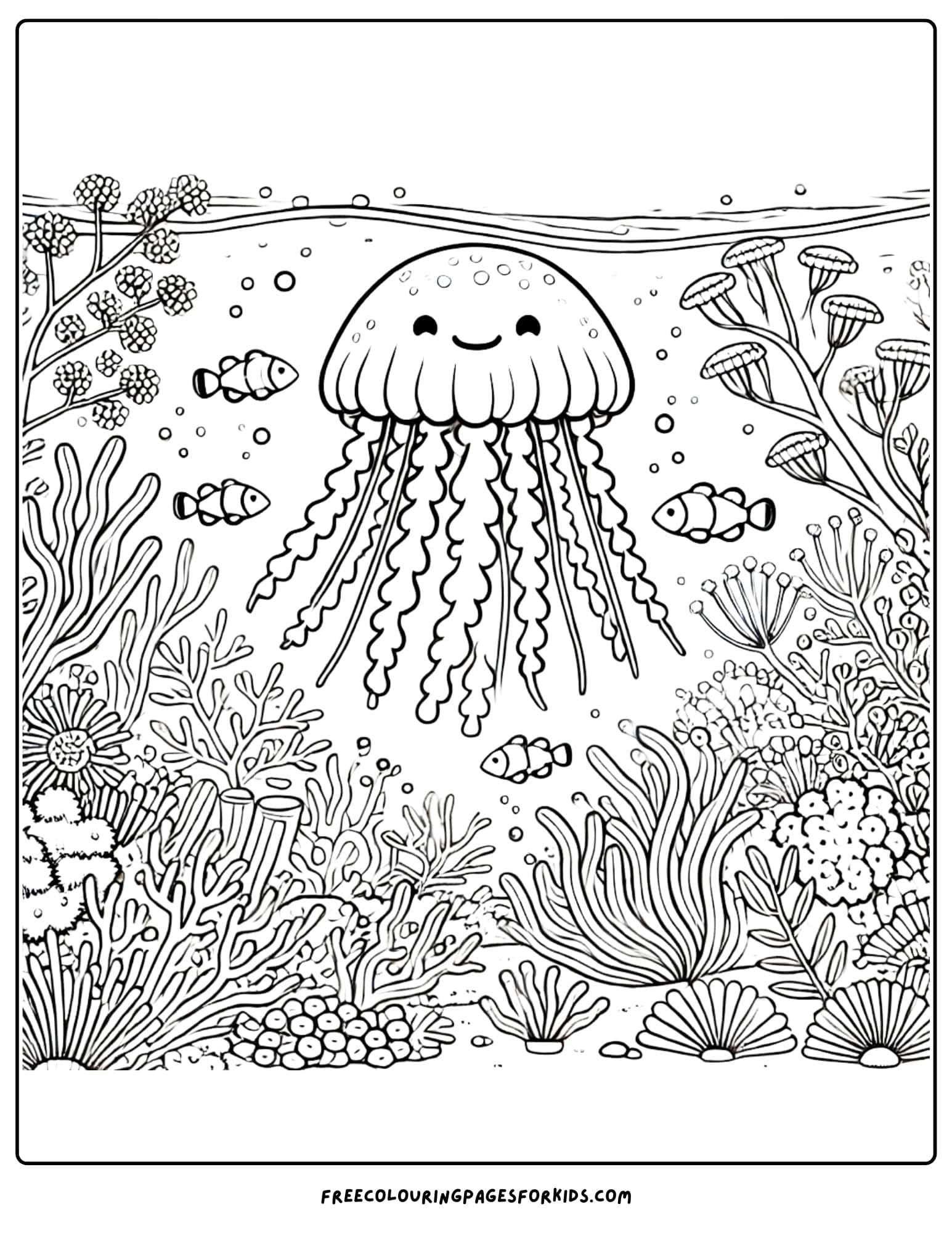 jellyfish in a coral garden coloring page