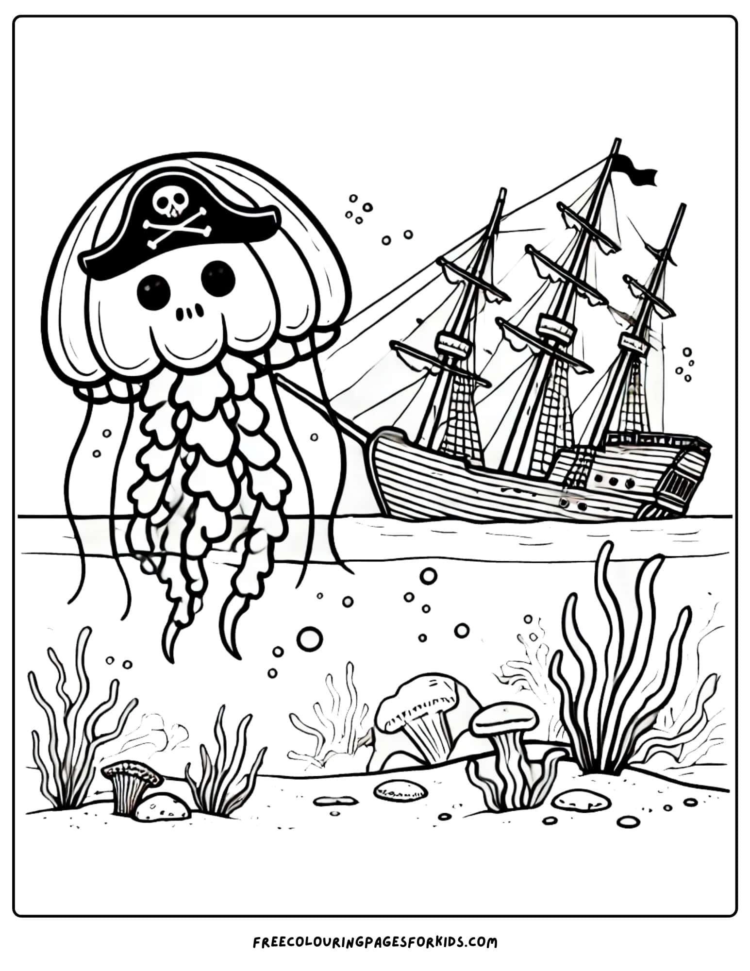 jellyfish pirate with a ship coloring page